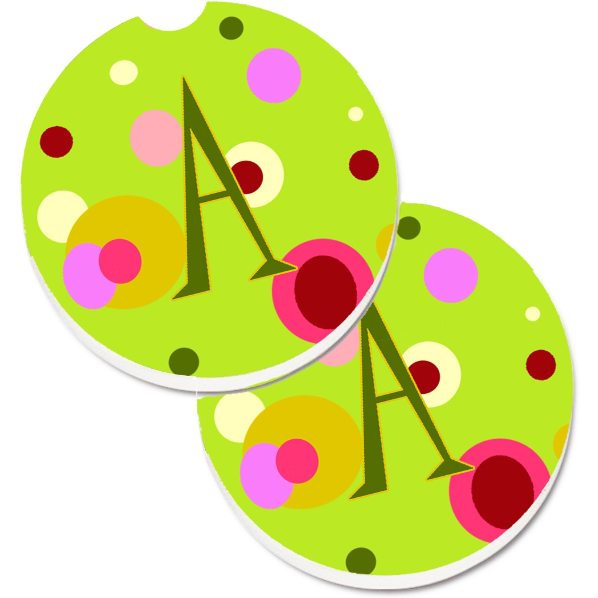 &quotCaroline's Treasures Letter A Monogram - Lime green Set of 2 Cup Holder Car Coasters CJ1010-ACARC, 2.56, Multicolor"