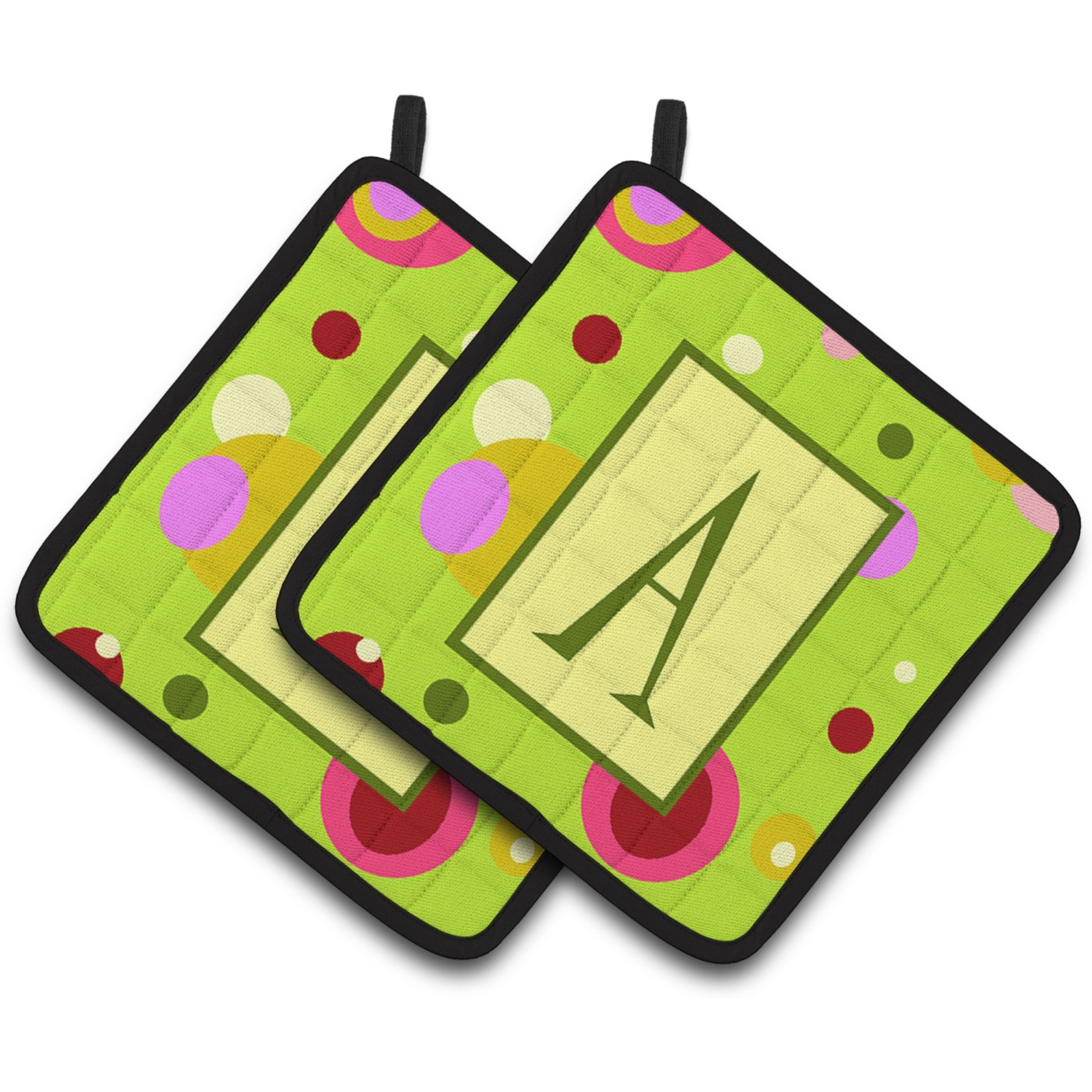 &quotCaroline's Treasures Letter A Monogram - Lime green Pair of Pot Holders CJ1010-APTHD, 7.5HX7.5W, Multicolor"