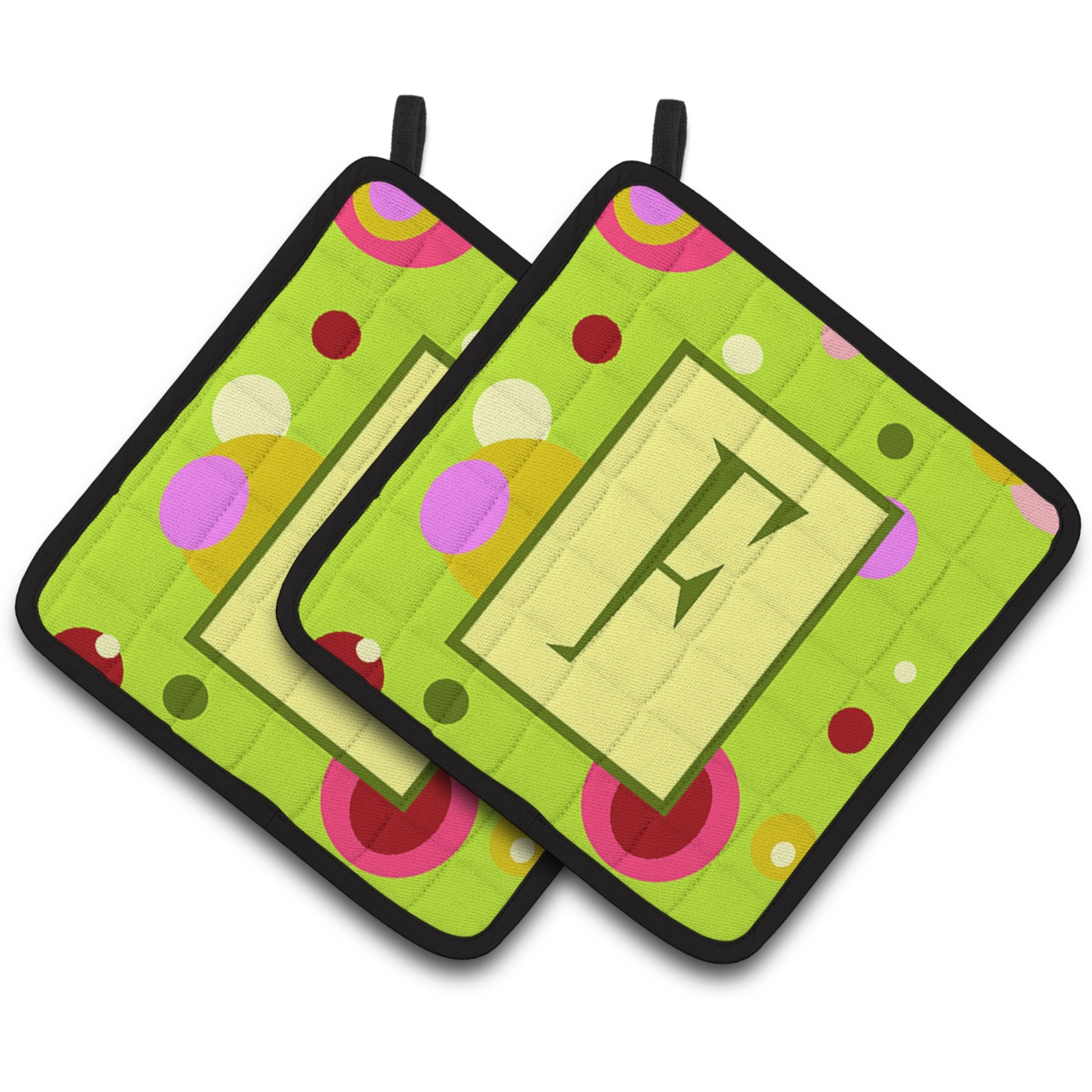 &quotCaroline's Treasures Letter F Monogram - Lime green Pair of Pot Holders CJ1010-FPTHD, 7.5HX7.5W, Multicolor"