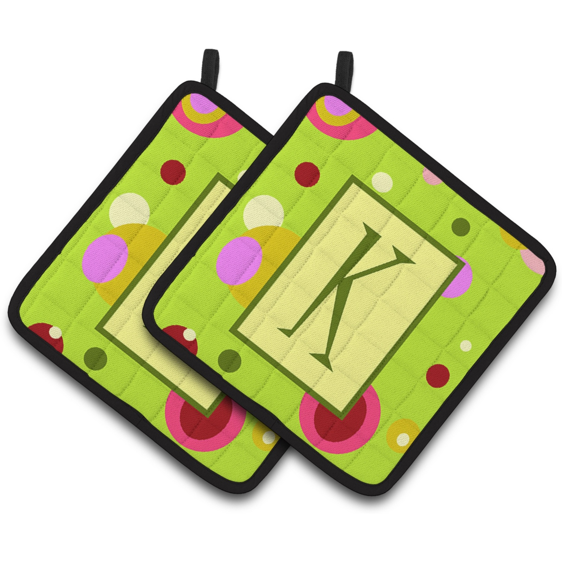 &quotCaroline's Treasures Letter K Monogram - Lime green Pair of Pot Holders CJ1010-KPTHD, 7.5HX7.5W, Multicolor"