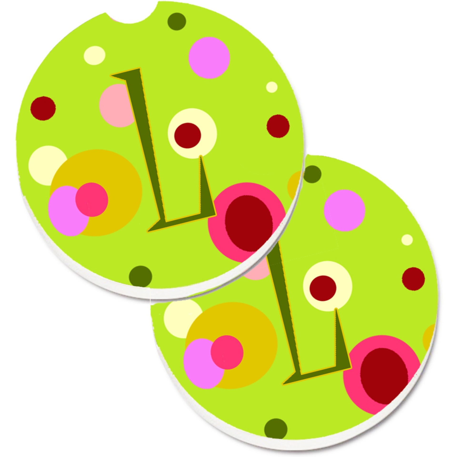 &quotCaroline's Treasures Letter L Monogram - Lime green Set of 2 Cup Holder Car Coasters CJ1010-LCARC, 2.56, Multicolor"