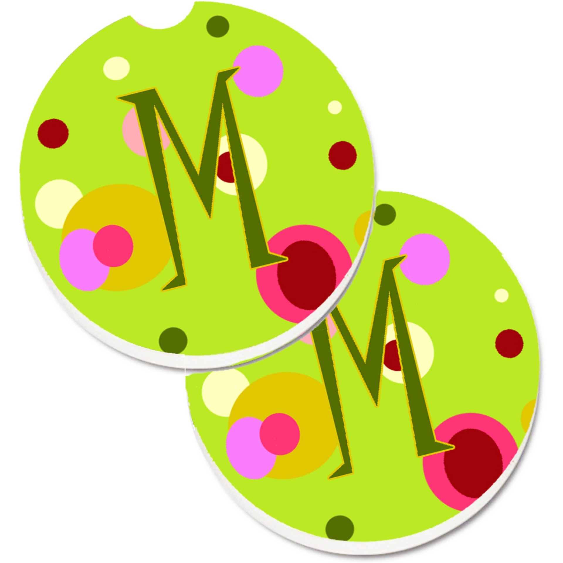 &quotCaroline's Treasures Letter M Monogram - Lime green Set of 2 Cup Holder Car Coasters CJ1010-MCARC, 2.56, Multicolor"