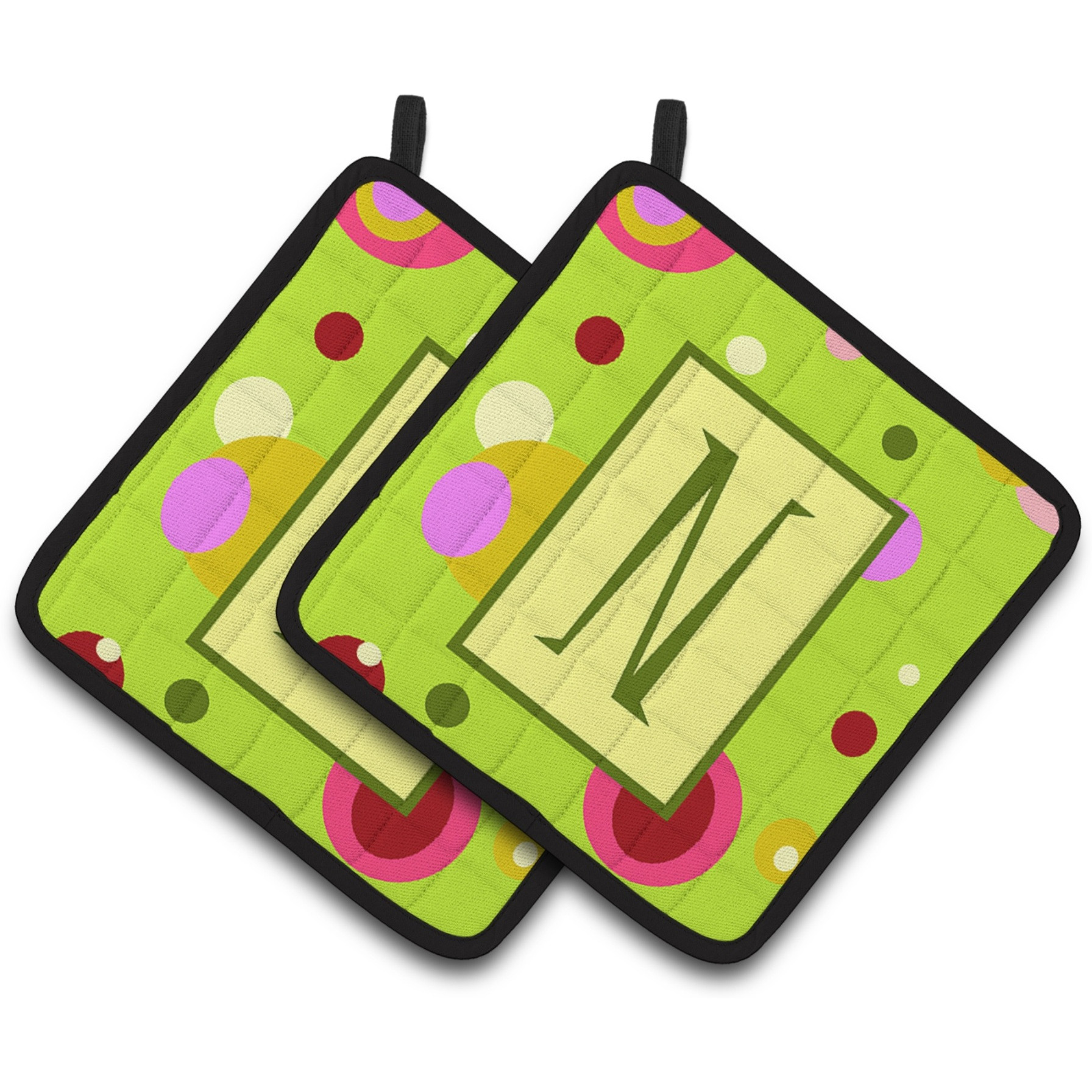&quotCaroline's Treasures Letter N Monogram - Lime green Pair of Pot Holders CJ1010-NPTHD, 7.5HX7.5W, Multicolor"