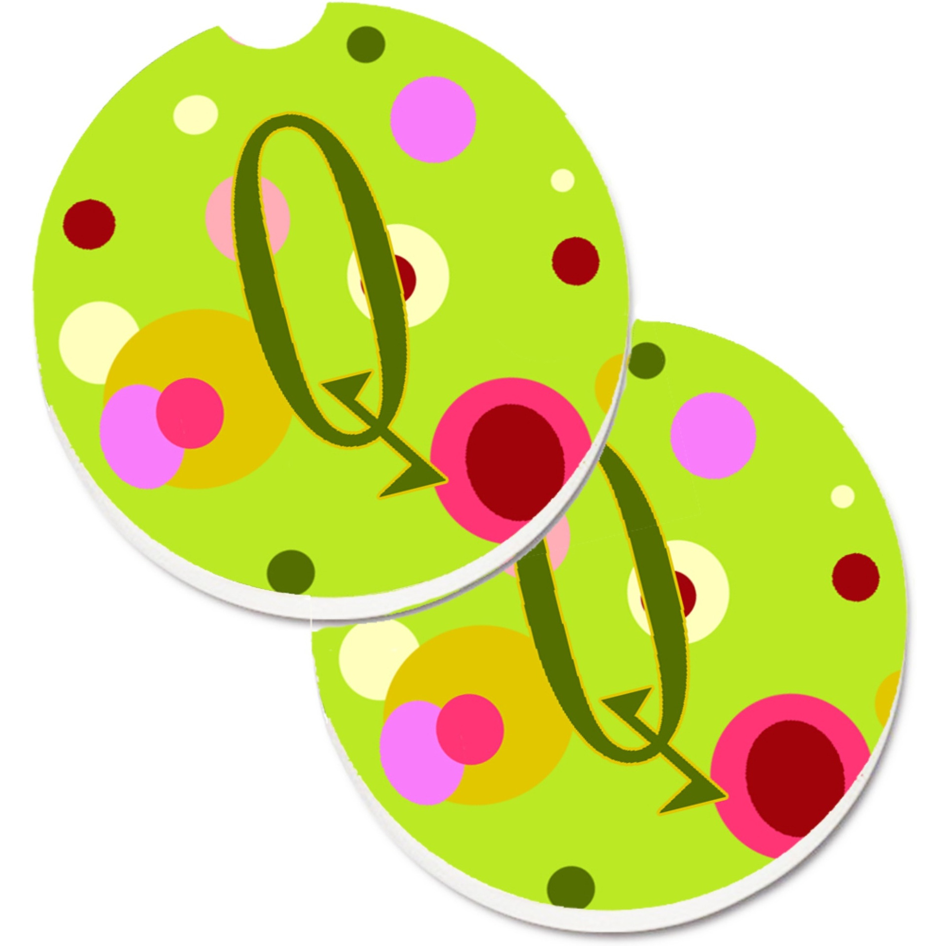 &quotCaroline's Treasures Letter Q Monogram - Lime green Set of 2 Cup Holder Car Coasters CJ1010-QCARC, 2.56, Multicolor"