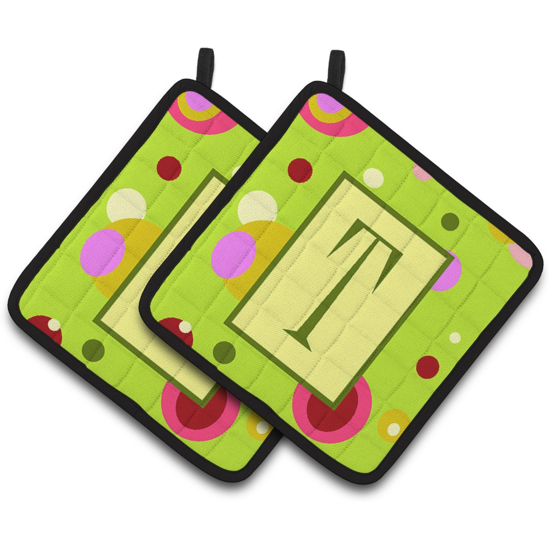 &quotCaroline's Treasures Letter T Monogram - Lime green Pair of Pot Holders CJ1010-TPTHD, 7.5HX7.5W, Multicolor"
