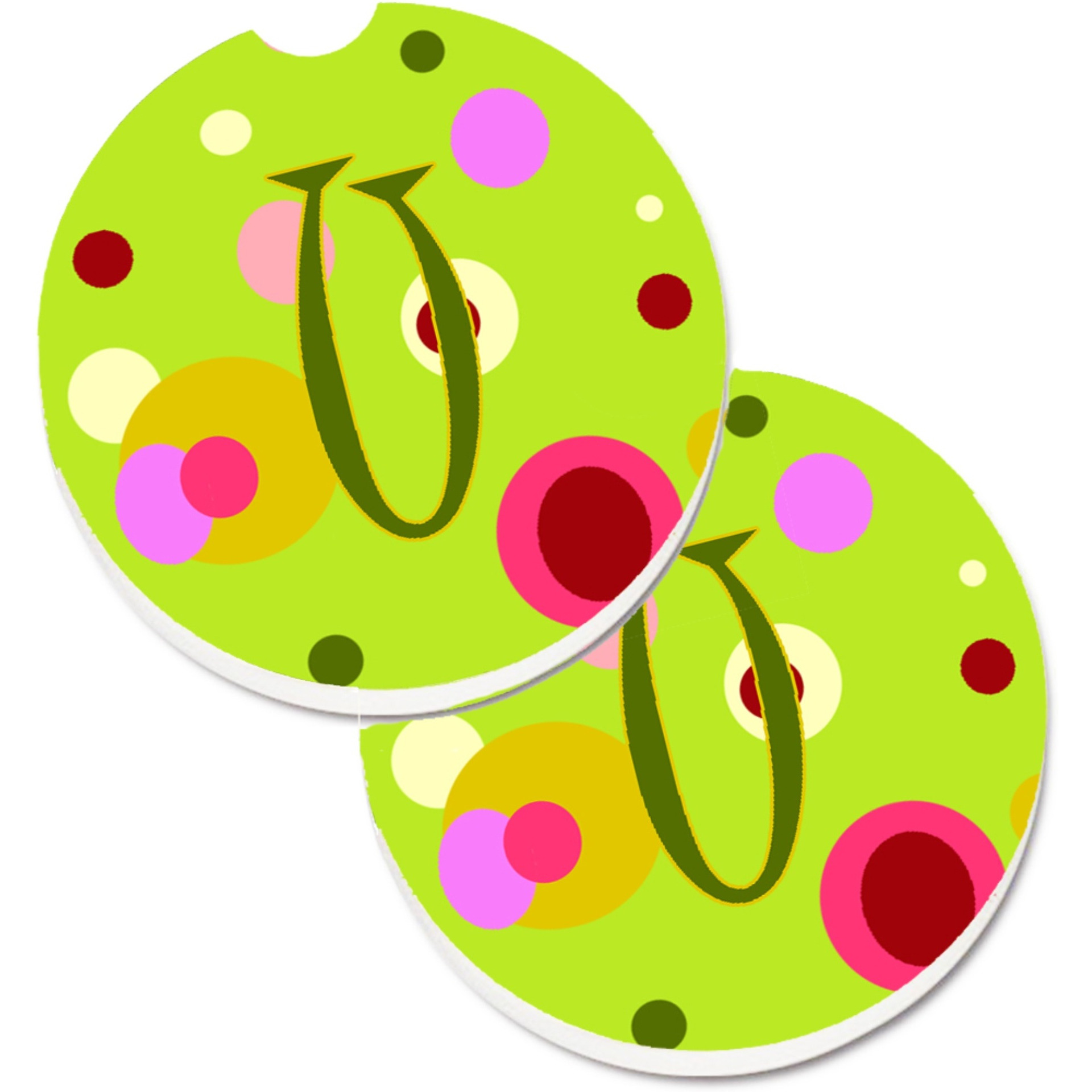 &quotCaroline's Treasures Letter U Monogram - Lime green Set of 2 Cup Holder Car Coasters CJ1010-UCARC, 2.56, Multicolor"