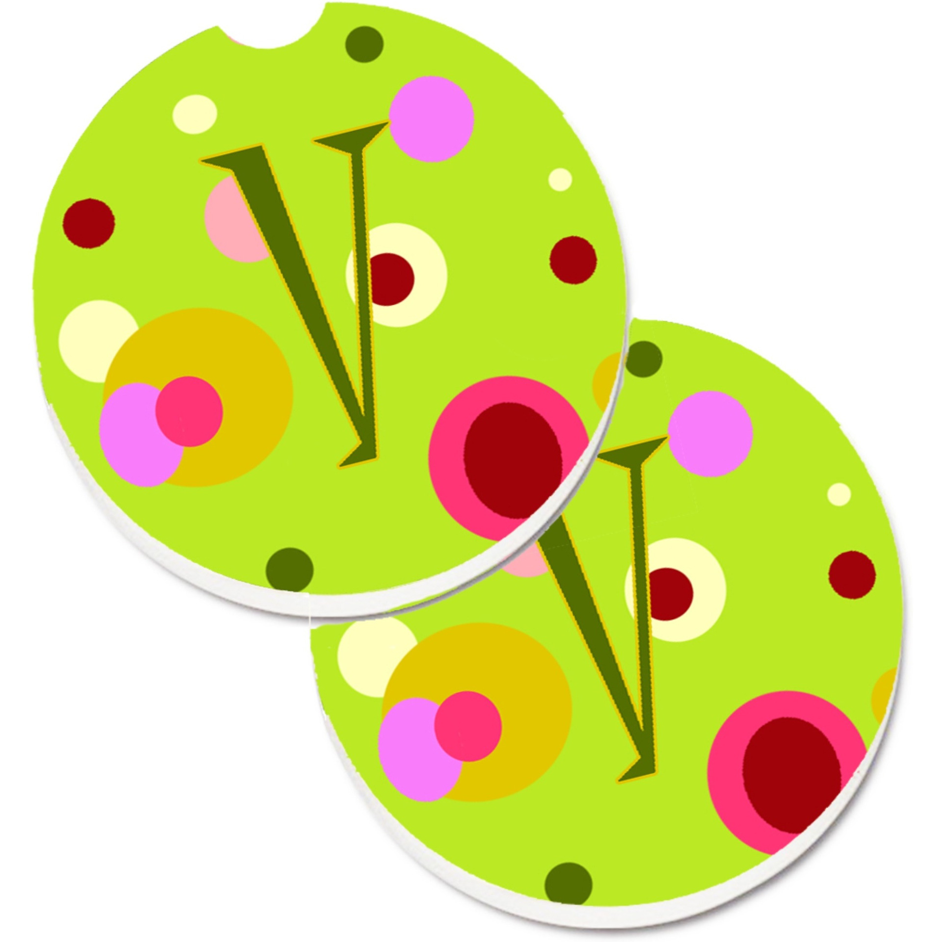 &quotCaroline's Treasures Letter V Monogram - Lime green Set of 2 Cup Holder Car Coasters CJ1010-VCARC, 2.56, Multicolor"