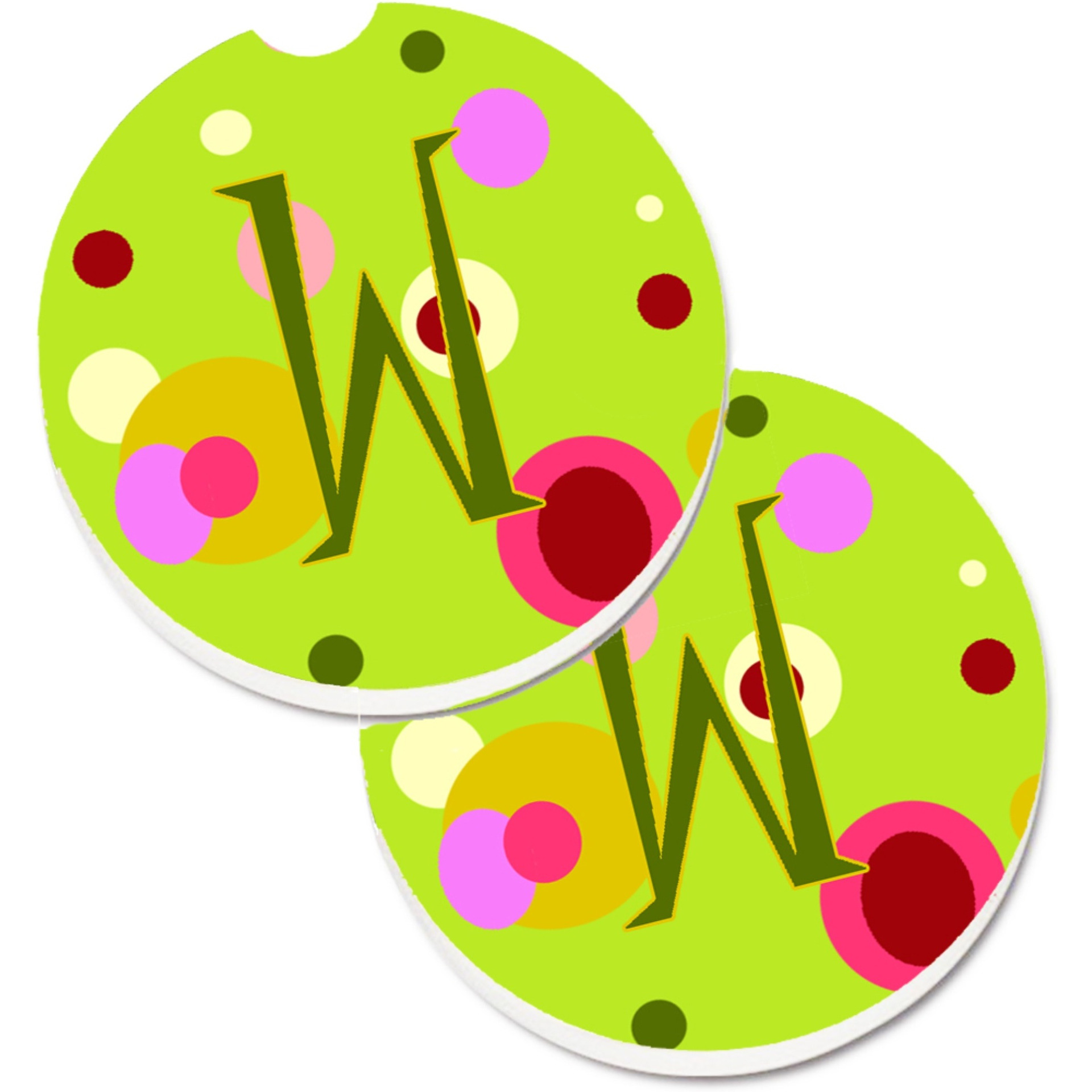 &quotCaroline's Treasures Letter W Monogram - Lime green Set of 2 Cup Holder Car Coasters CJ1010-WCARC, 2.56, Multicolor"