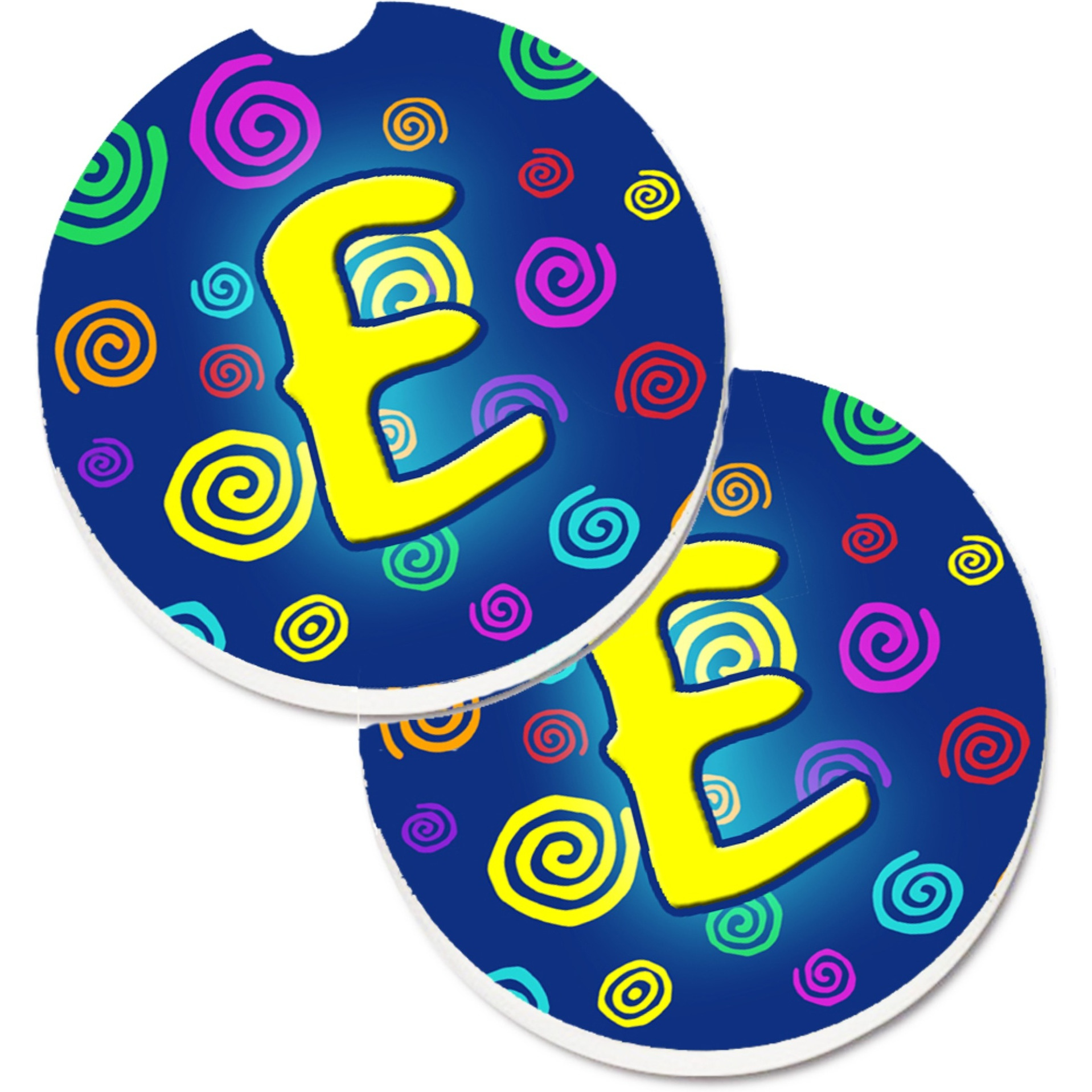 &quotCaroline's Treasures Letter E Initial Monogram - Blue Swirls Set of 2 Cup Holder Car Coasters CJ1011-ECARC, 2.56, Multicolor"