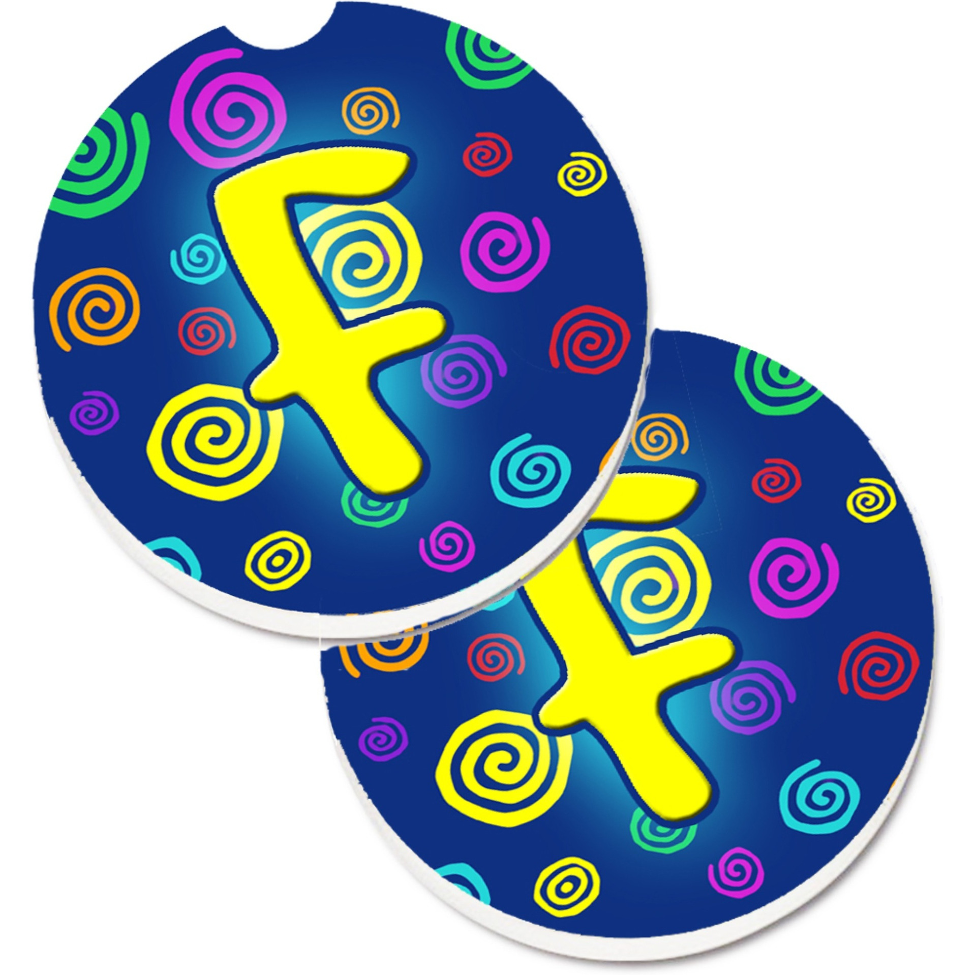 &quotCaroline's Treasures Letter F Initial Monogram - Blue Swirls Set of 2 Cup Holder Car Coasters CJ1011-FCARC, 2.56, Multicolor"