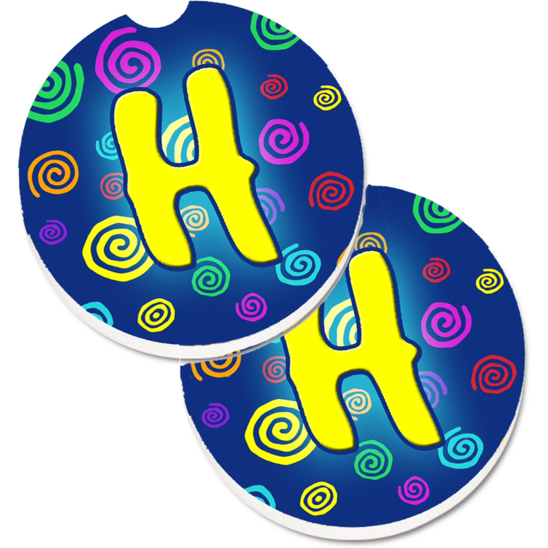 &quotCaroline's Treasures Letter H Initial Monogram - Blue Swirls Set of 2 Cup Holder Car Coasters CJ1011-HCARC, 2.56, Multicolor"