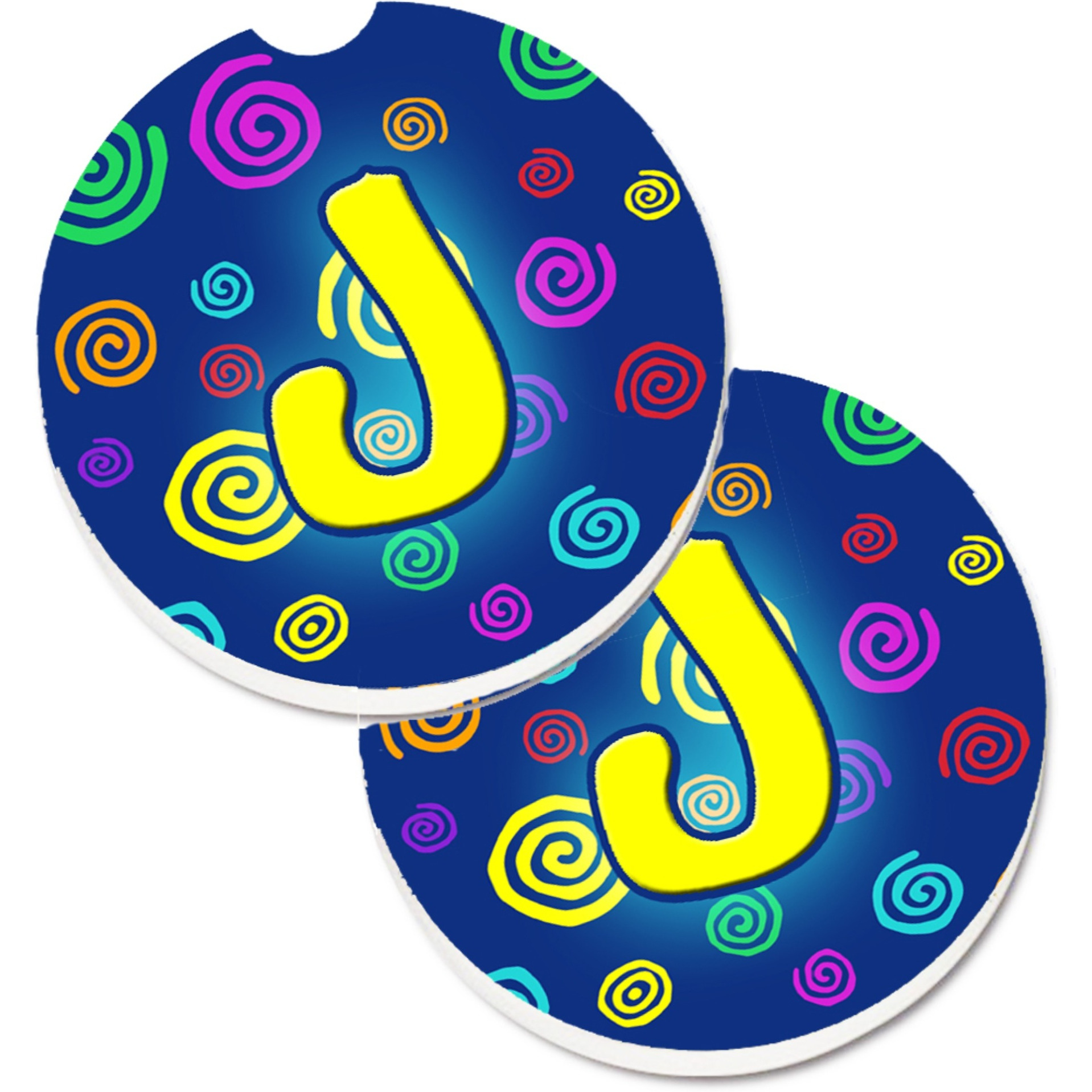 &quotCaroline's Treasures Letter J Initial Monogram - Blue Swirls Set of 2 Cup Holder Car Coasters CJ1011-JCARC, 2.56, Multicolor"