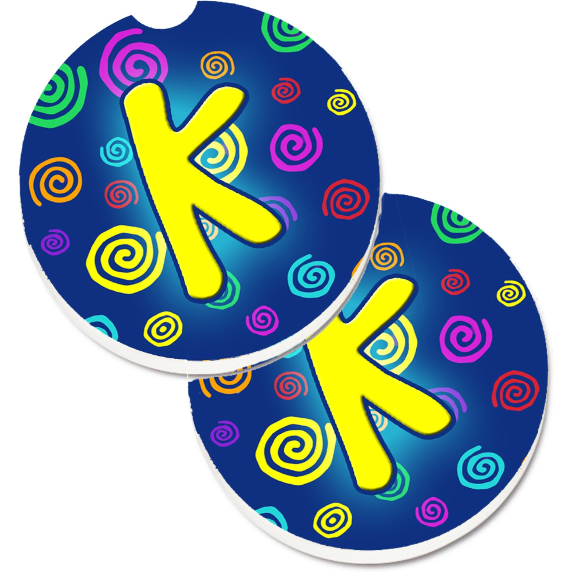 &quotCaroline's Treasures Letter K Initial Monogram - Blue Swirls Set of 2 Cup Holder Car Coasters CJ1011-KCARC, 2.56, Multicolor"