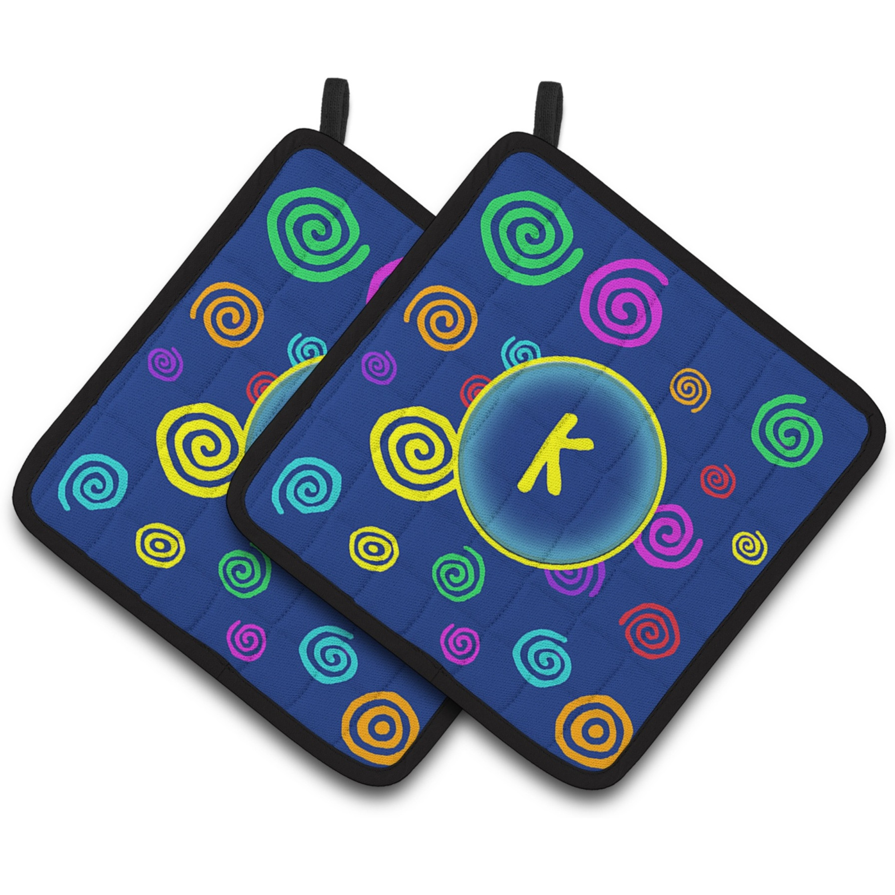 &quotCaroline's Treasures Letter K Initial Monogram - Blue Swirls Pair of Pot Holders CJ1011-KPTHD, 7.5HX7.5W, Multicolor"