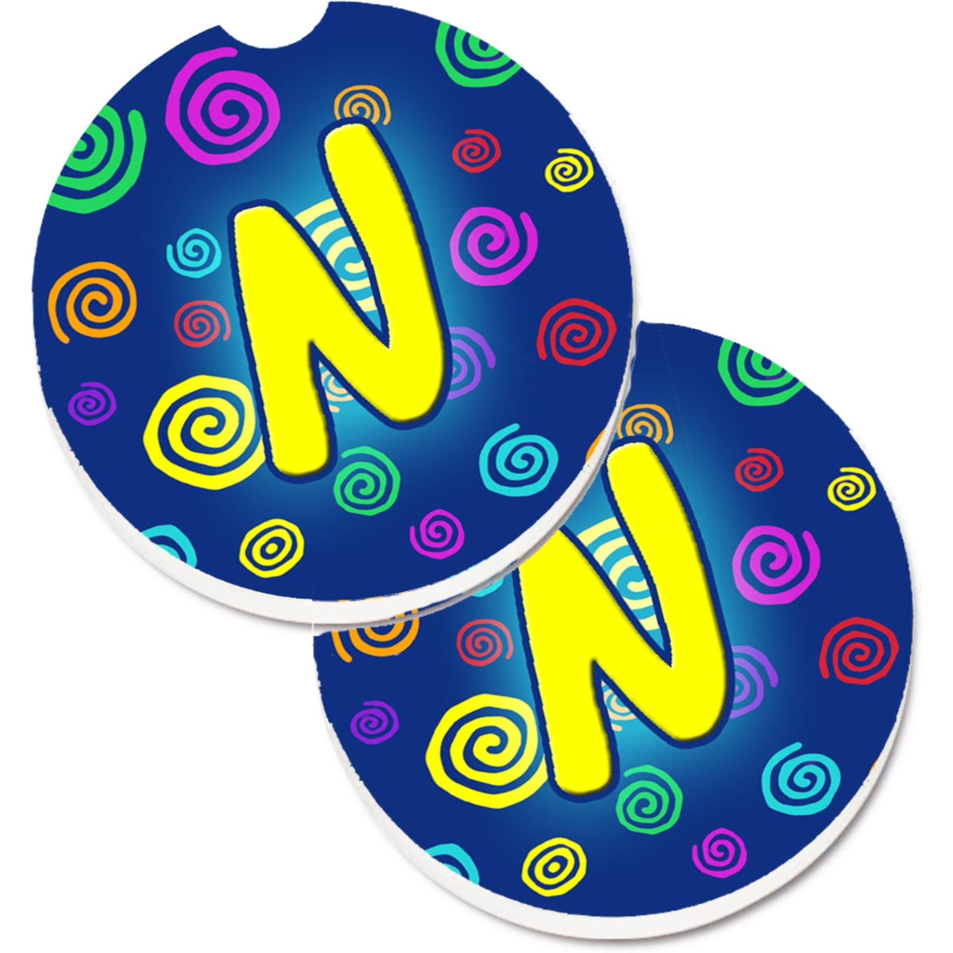 &quotCaroline's Treasures Letter N Initial Monogram - Blue Swirls Set of 2 Cup Holder Car Coasters CJ1011-NCARC, 2.56, Multicolor"