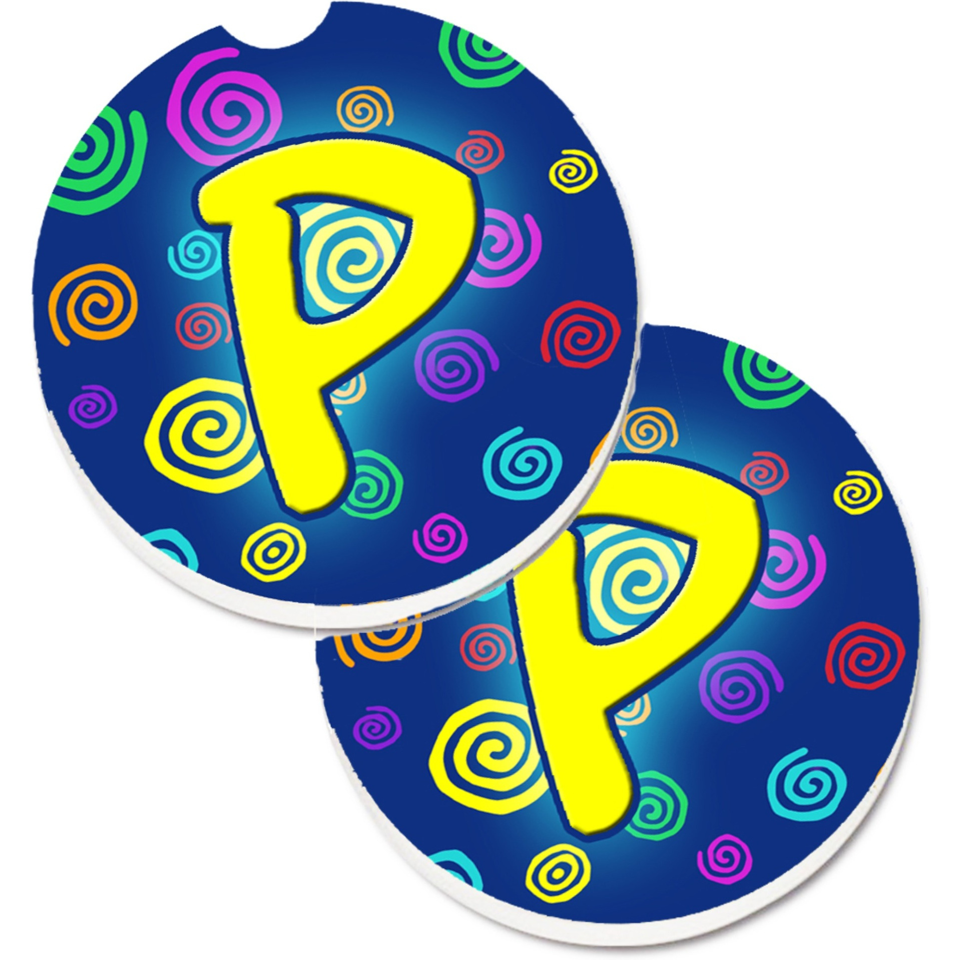 &quotCaroline's Treasures Letter P Initial Monogram - Blue Swirls Set of 2 Cup Holder Car Coasters CJ1011-PCARC, 2.56, Multicolor"
