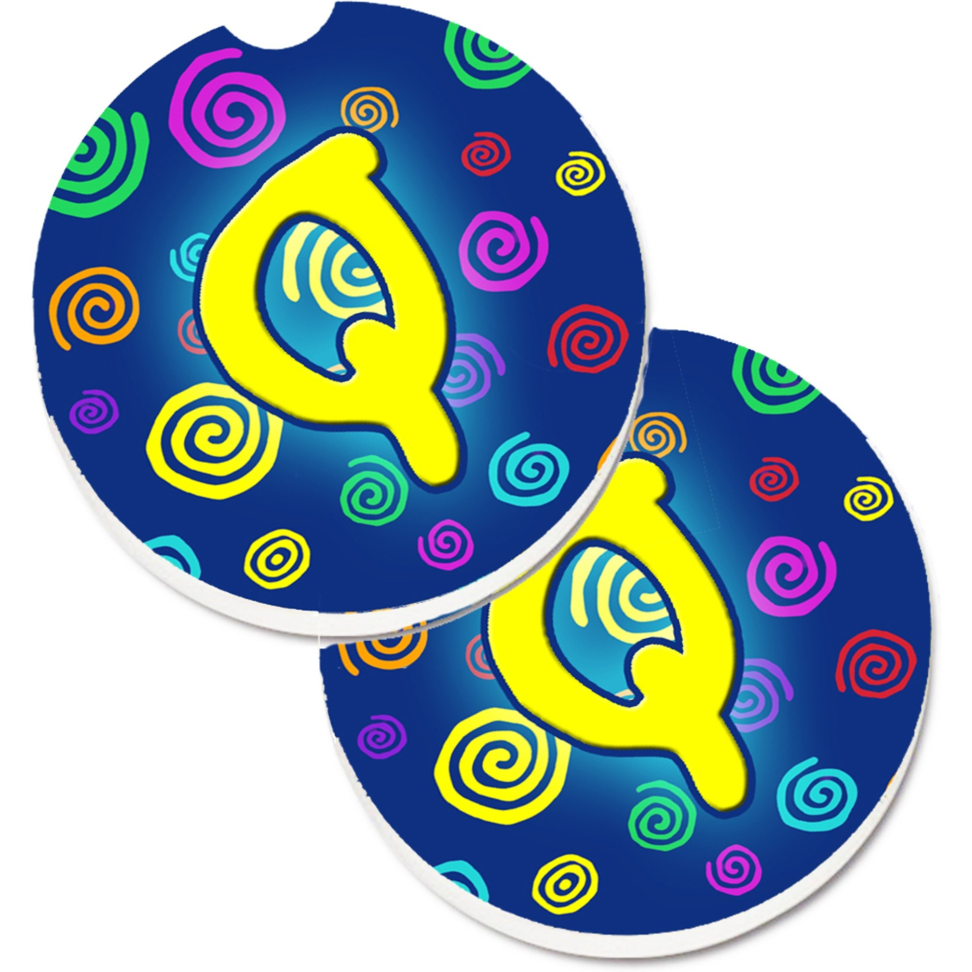 &quotCaroline's Treasures Letter Q Initial Monogram - Blue Swirls Set of 2 Cup Holder Car Coasters CJ1011-QCARC, 2.56, Multicolor"