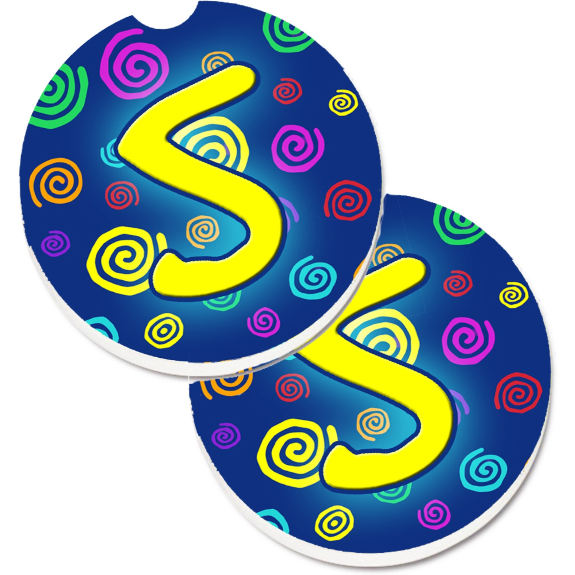 &quotCaroline's Treasures Letter S Initial Monogram - Blue Swirls Set of 2 Cup Holder Car Coasters CJ1011-SCARC, 2.56, Multicolor"