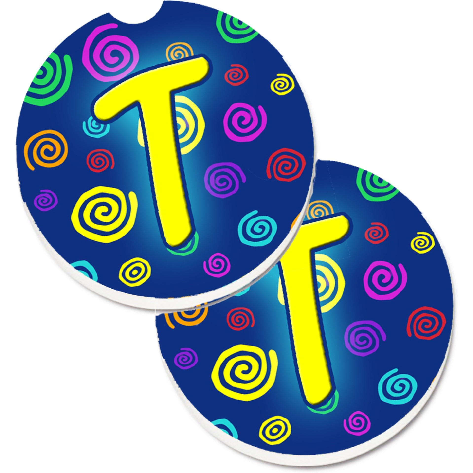 &quotCaroline's Treasures Letter T Initial Monogram - Blue Swirls Set of 2 Cup Holder Car Coasters CJ1011-TCARC, 2.56, Multicolor"