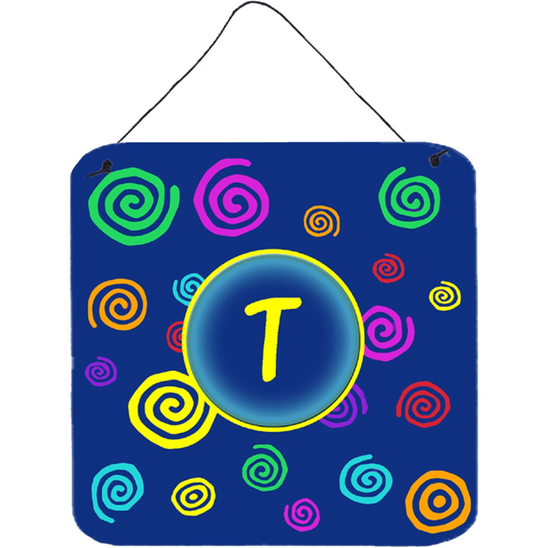 &quotCaroline's Treasures Letter T Initial with Monogram-Blue Swirls Wall or Door Hanging Prints, 6 x 6"", Multicolor"