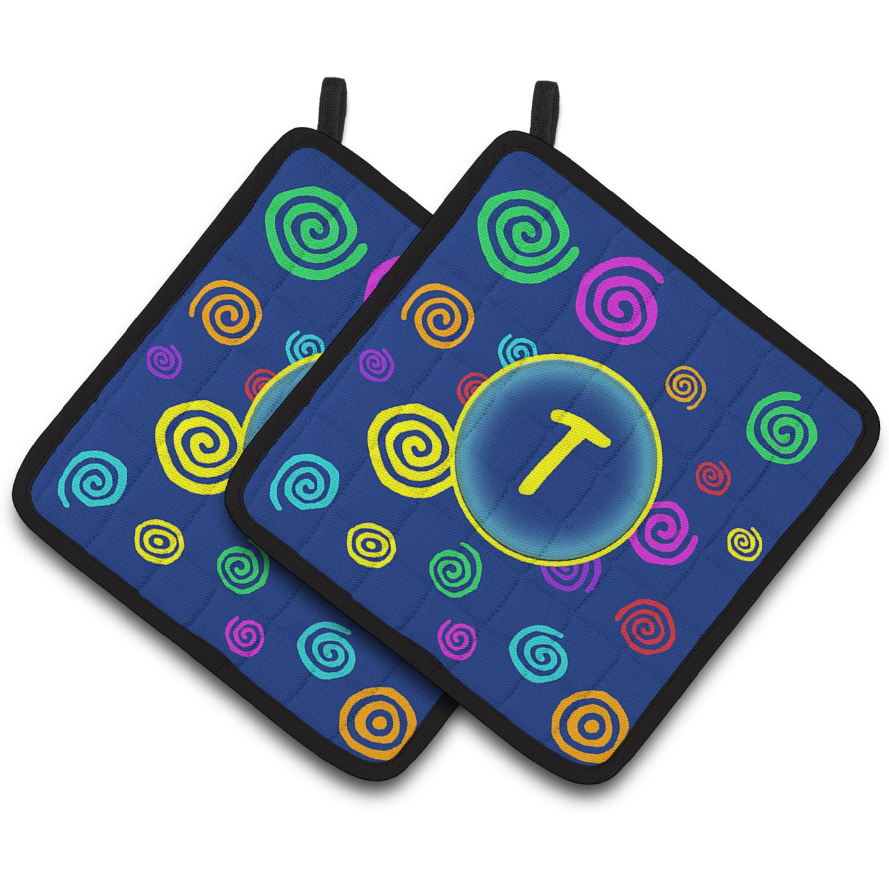 &quotCaroline's Treasures Letter T Initial Monogram - Blue Swirls Pair of Pot Holders CJ1011-TPTHD, 7.5HX7.5W, Multicolor"