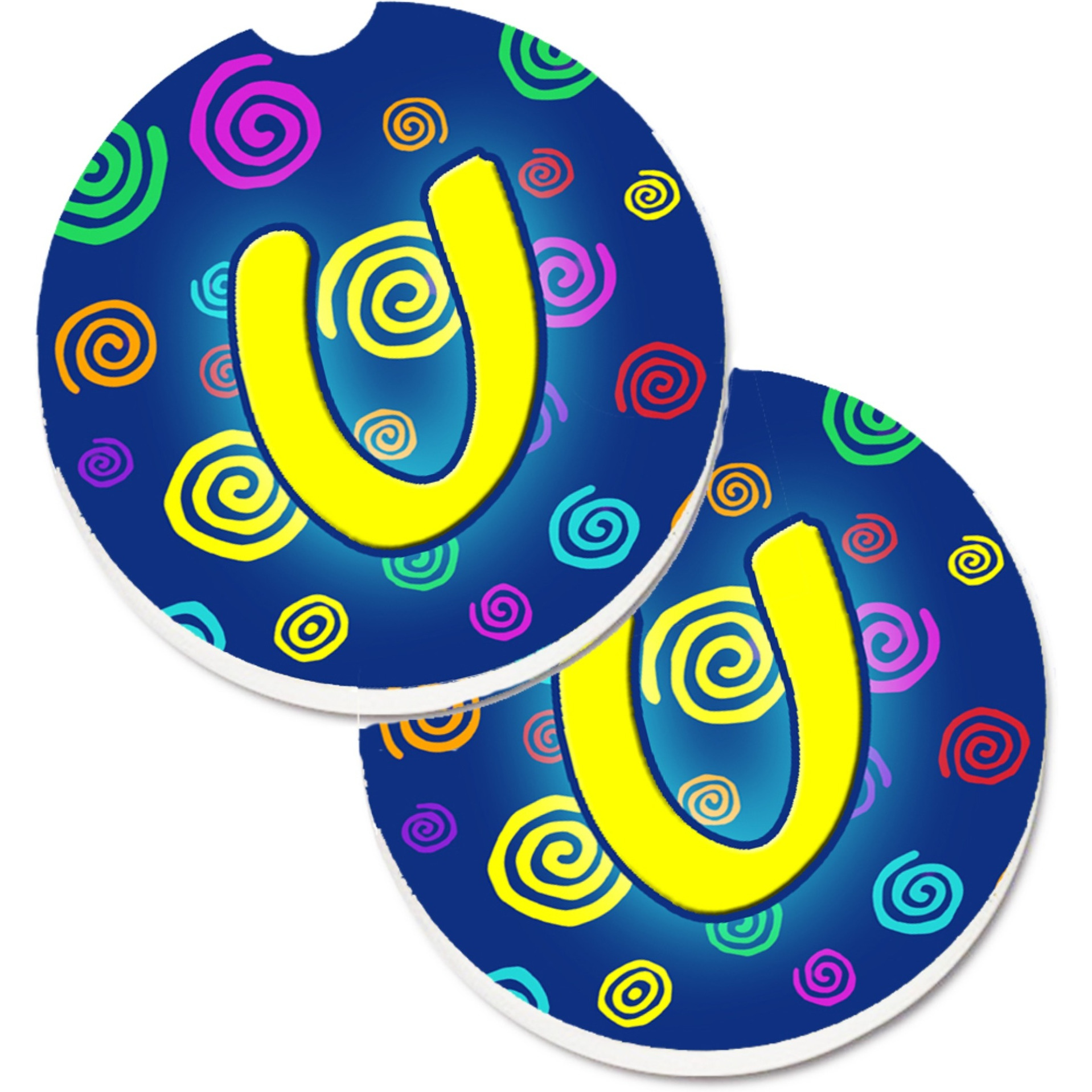&quotCaroline's Treasures Letter U Initial Monogram - Blue Swirls Set of 2 Cup Holder Car Coasters CJ1011-UCARC, 2.56, Multicolor"