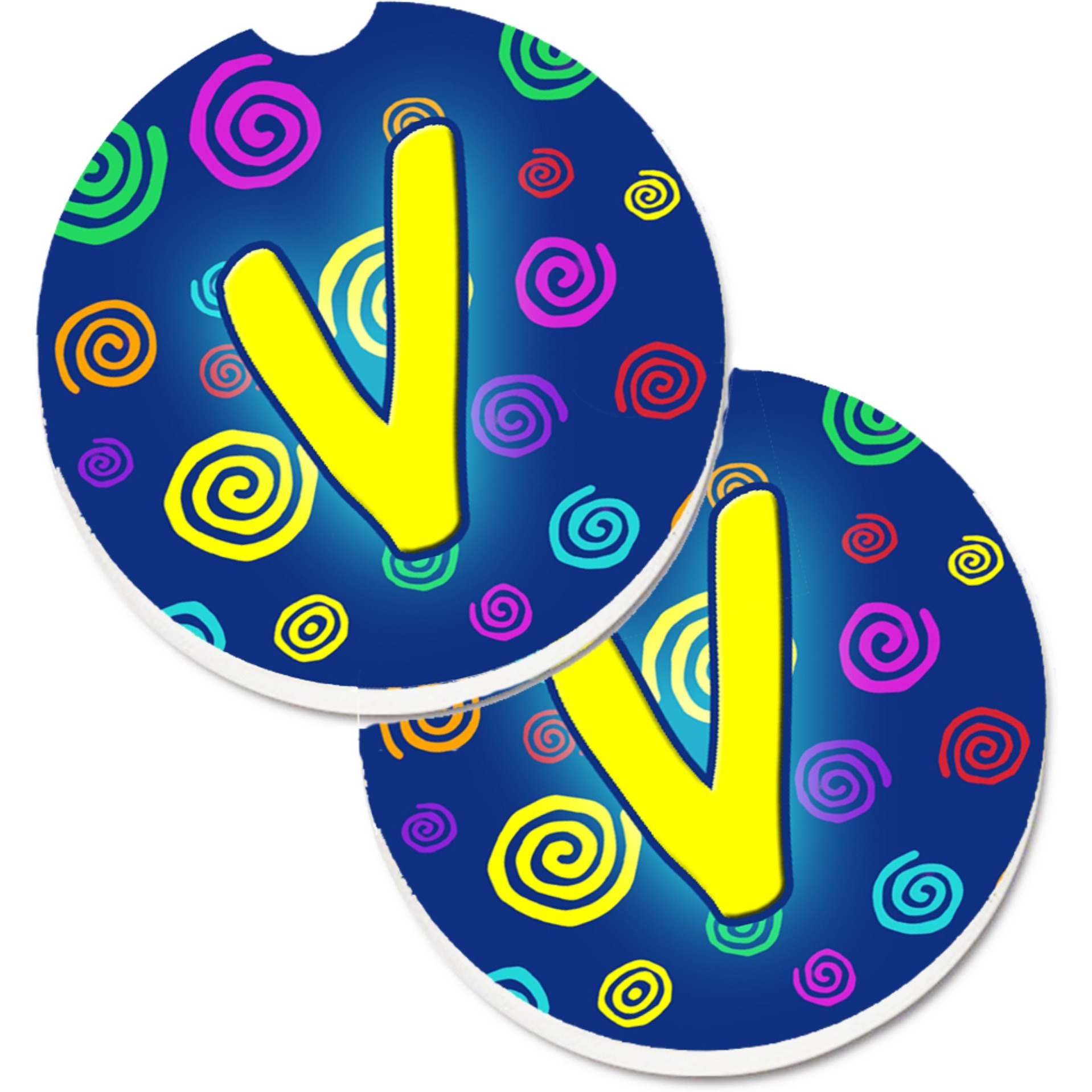&quotCaroline's Treasures Letter V Initial Monogram - Blue Swirls Set of 2 Cup Holder Car Coasters CJ1011-VCARC, 2.56, Multicolor"