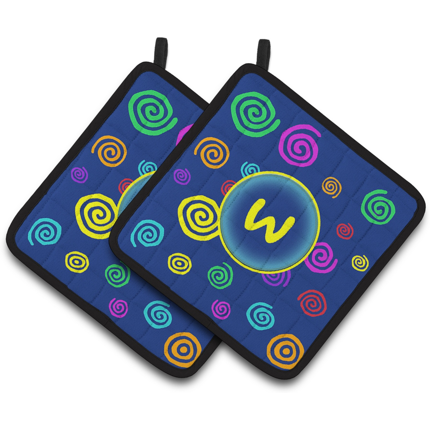 &quotCaroline's Treasures Letter W Initial Monogram - Blue Swirls Pair of Pot Holders CJ1011-WPTHD, 7.5HX7.5W, Multicolor"
