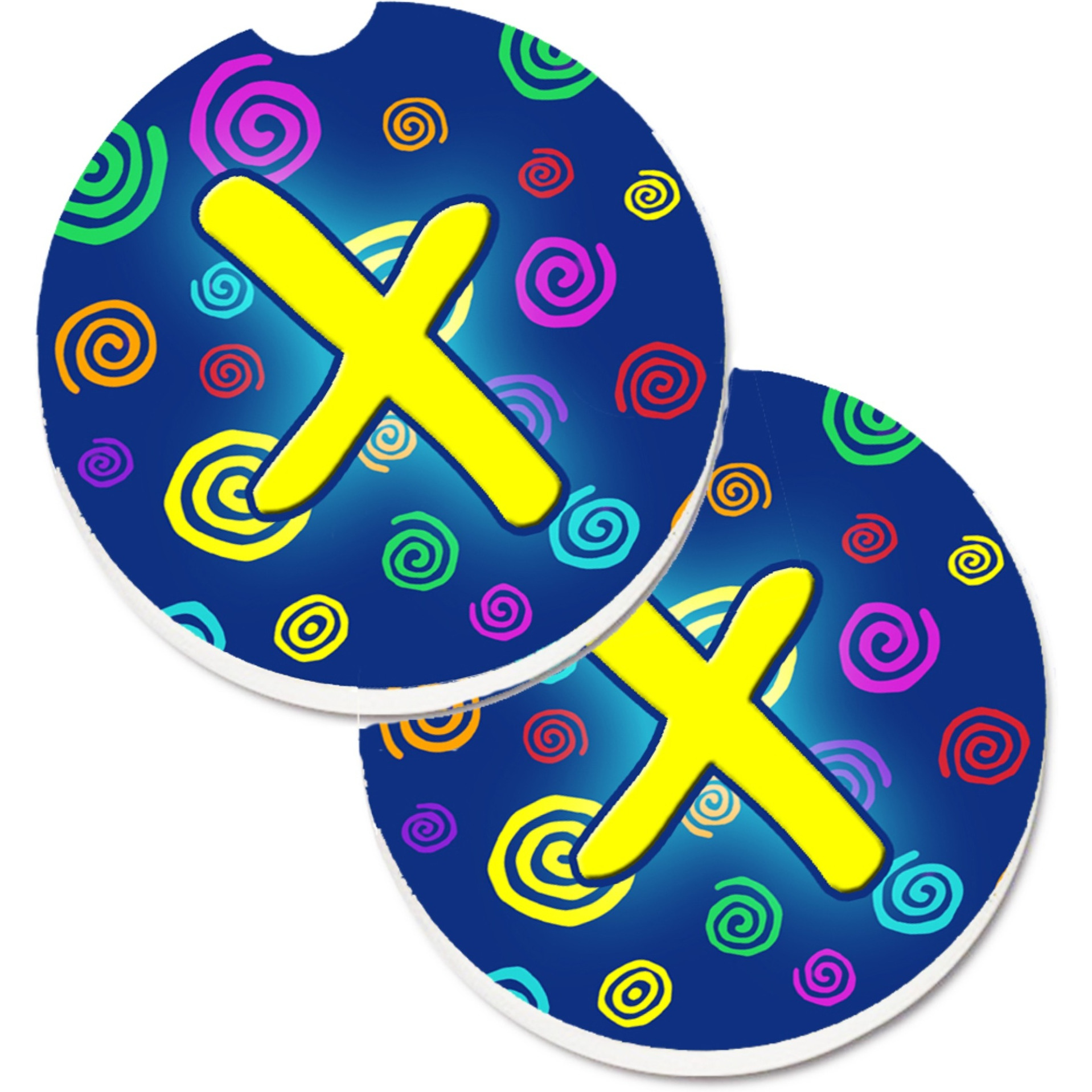 &quotCaroline's Treasures Letter x Initial Monogram - Blue Swirls Set of 2 Cup Holder Car Coasters CJ1011-XCARC, 2.56, Multicolor"
