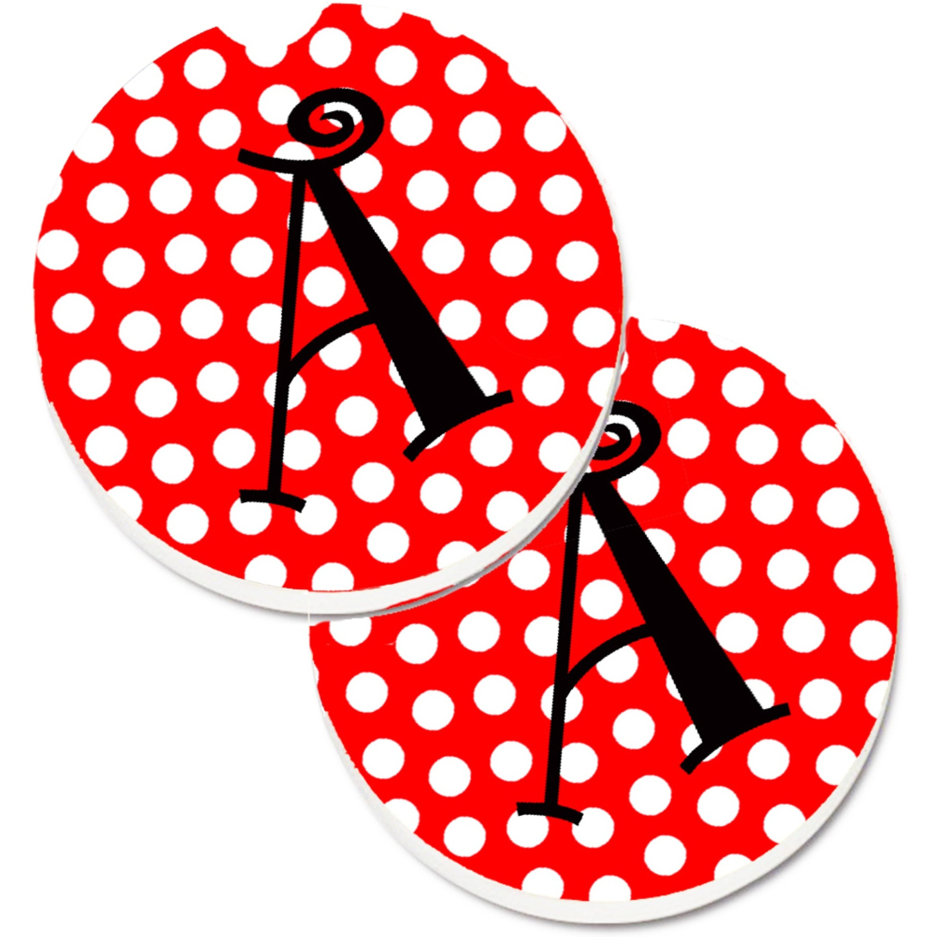 &quotCaroline's Treasures Letter A Monogram - Red & black Polka Dots Set of 2 Cup Holder Car Coasters CJ1012-ACARC, 2.56, Multicolor"