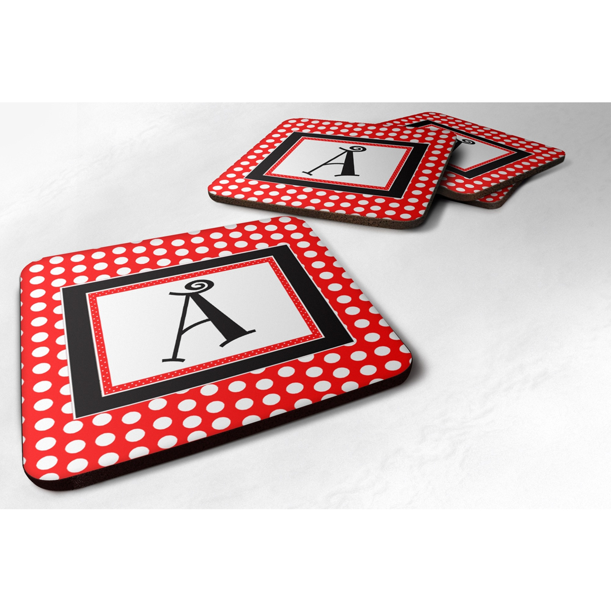 &quotCaroline's Treasures CJ1012-AFC Monogram-Red Black Polka Dots Foam Coasters (Set of 4), Initial Letter A, 3.5"" H x 3.5"" W, Multicolor"