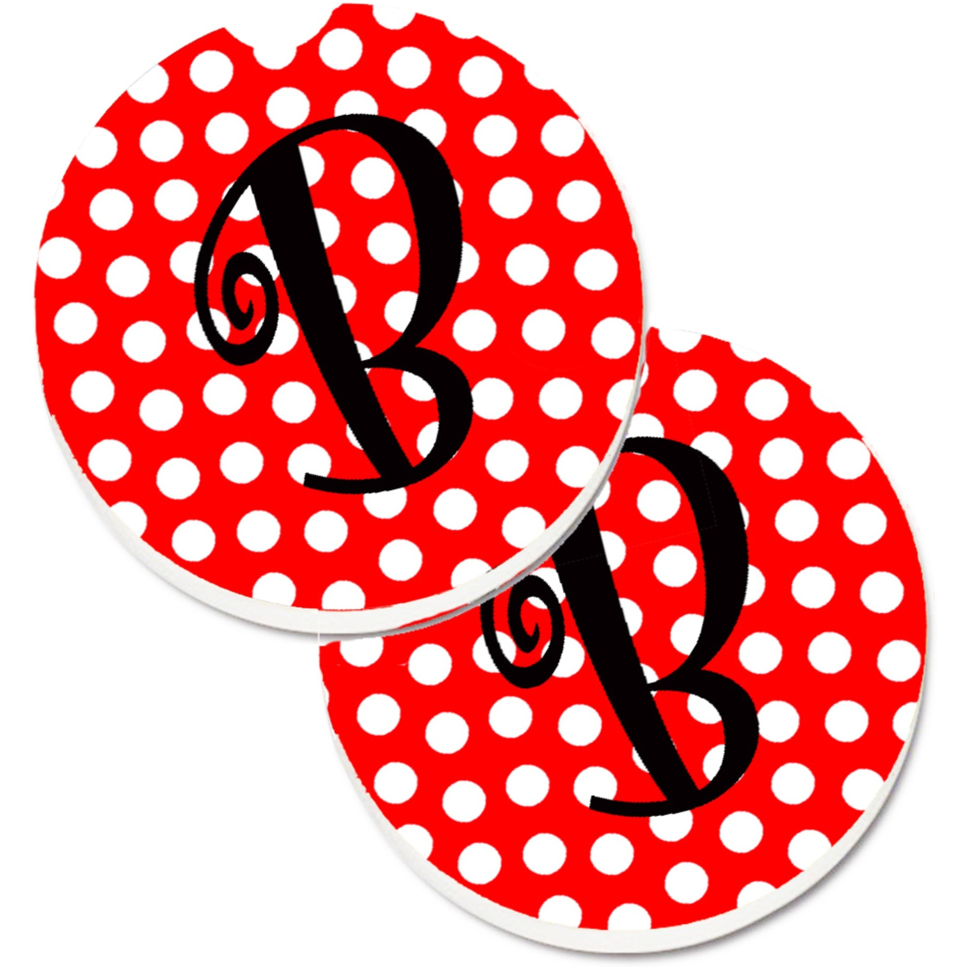 &quotCaroline's Treasures Letter B Initial Monogram Red black Polka Dots Set of 2 Cup Holder Car Coasters CJ1012-BCARC, 2.56, Multicolor"