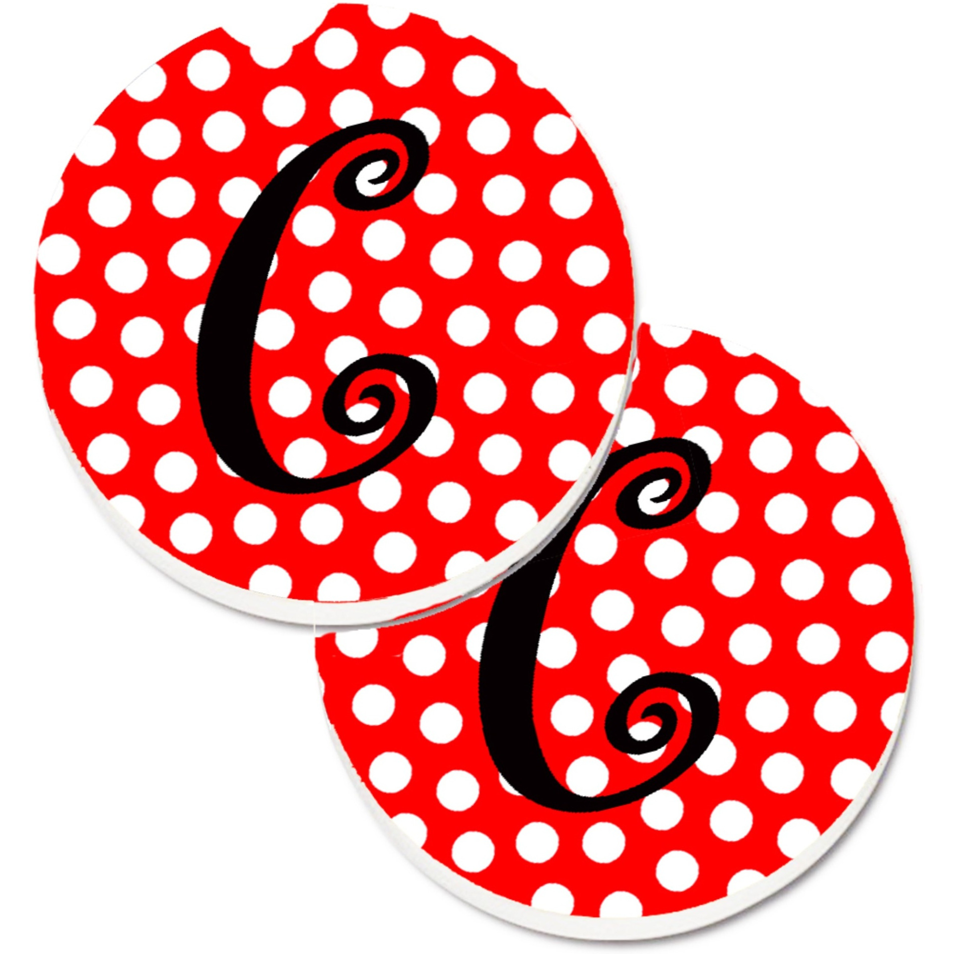 &quotCaroline's Treasures Letter C Initial Monogram Red black Polka Dots Set of 2 Cup Holder Car Coasters CJ1012-CCARC, 2.56, Multicolor"