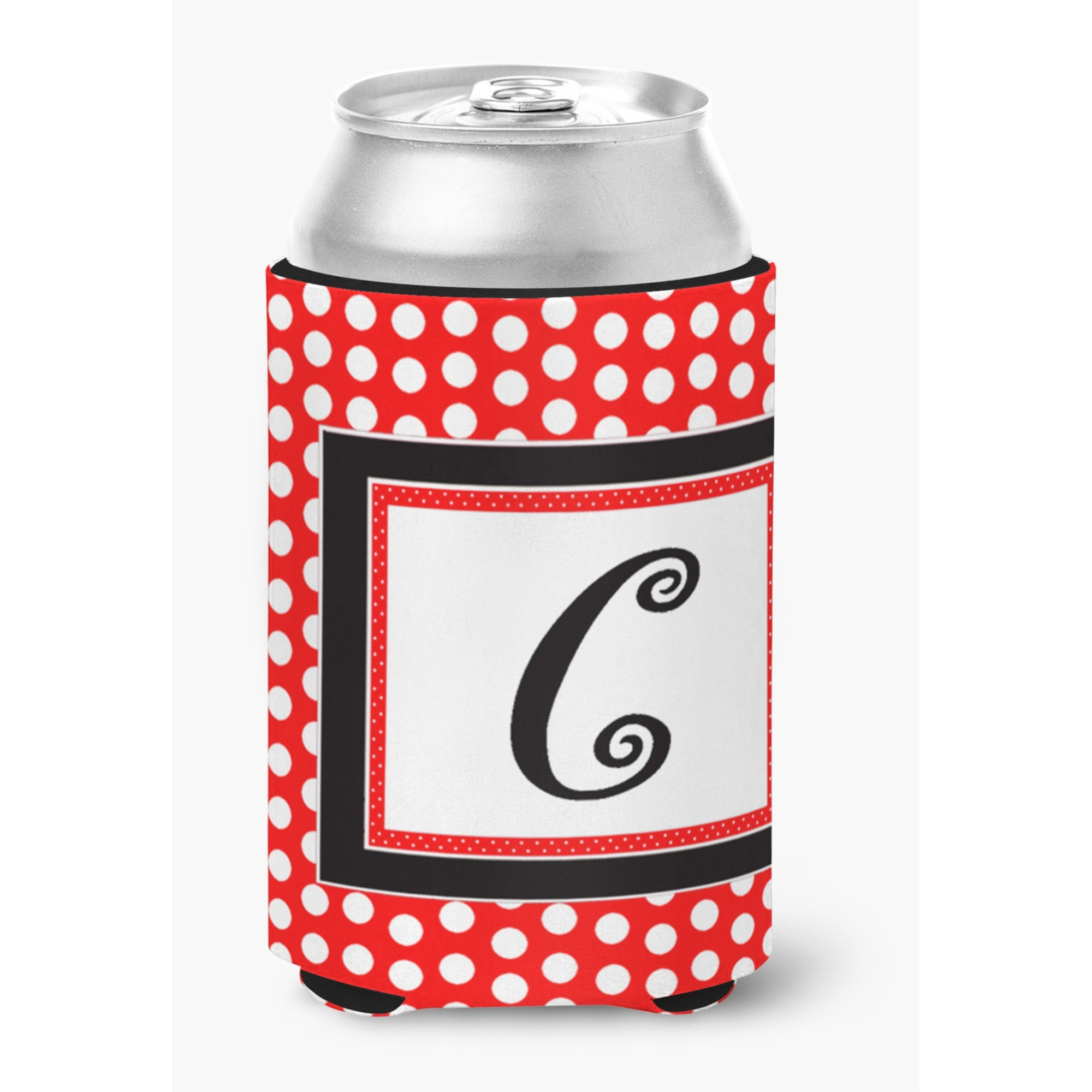 Letter C Initial Monogram - Red Black Polka Dots Can or Bottle Beverage Insulator Hugger