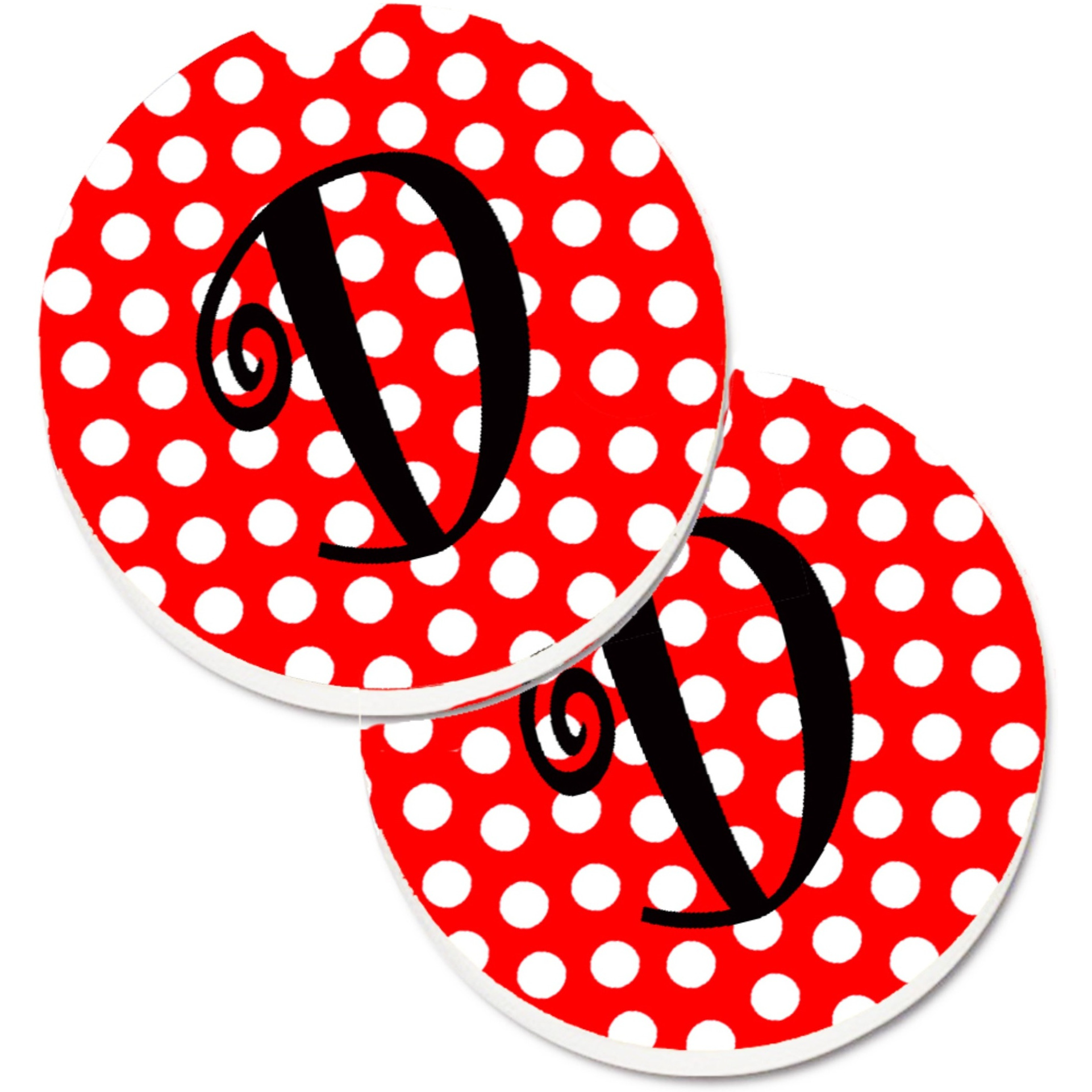 &quotCaroline's Treasures Letter D Initial Monogram Red black Polka Dots Set of 2 Cup Holder Car Coasters CJ1012-DCARC, 2.56, Multicolor"