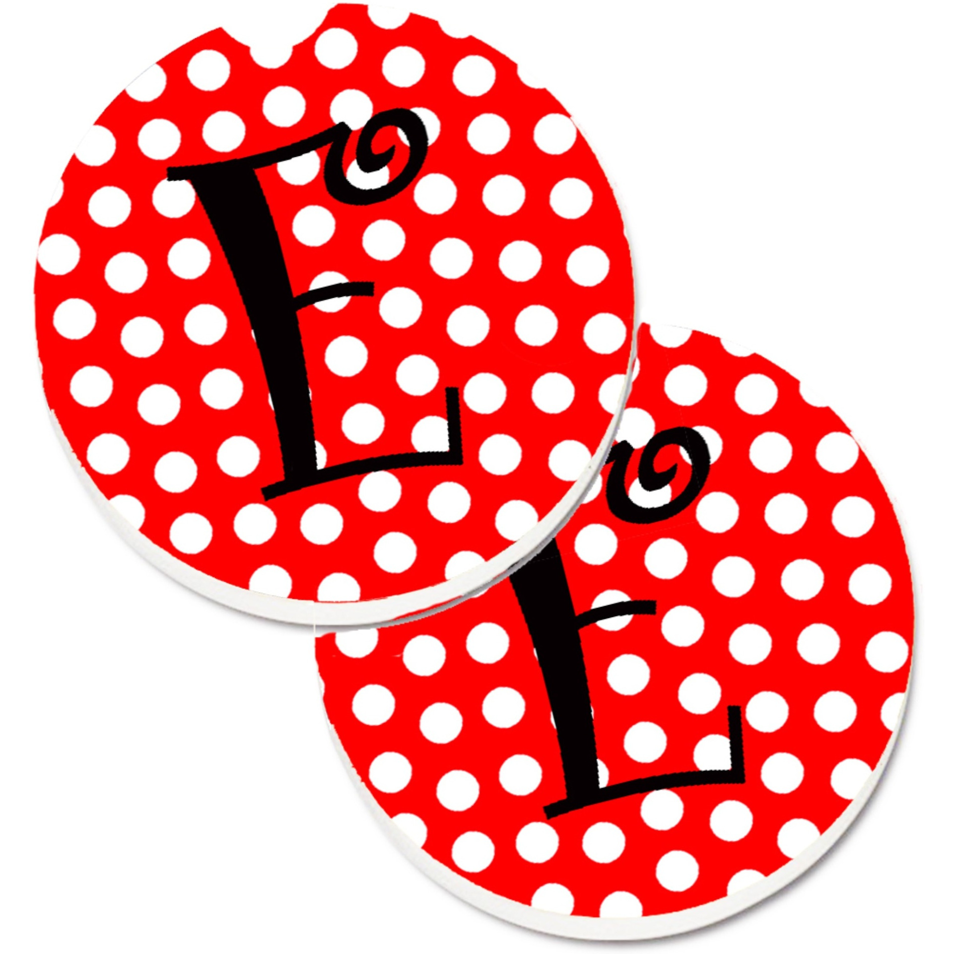 &quotCaroline's Treasures Letter E Initial Monogram Red black Polka Dots Set of 2 Cup Holder Car Coasters CJ1012-ECARC, 2.56, Multicolor"