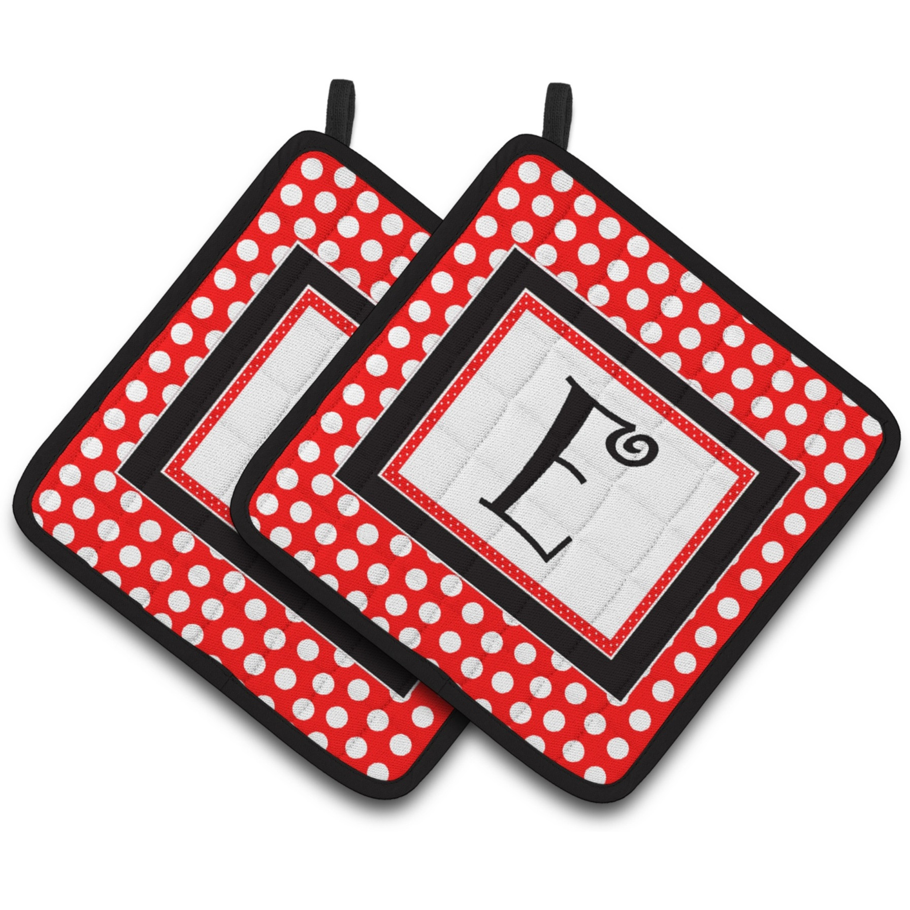 &quotCaroline's Treasures Letter E Initial Monogram Red black Polka Dots Pair of Pot Holders CJ1012-EPTHD, 7.5HX7.5W, Multicolor"