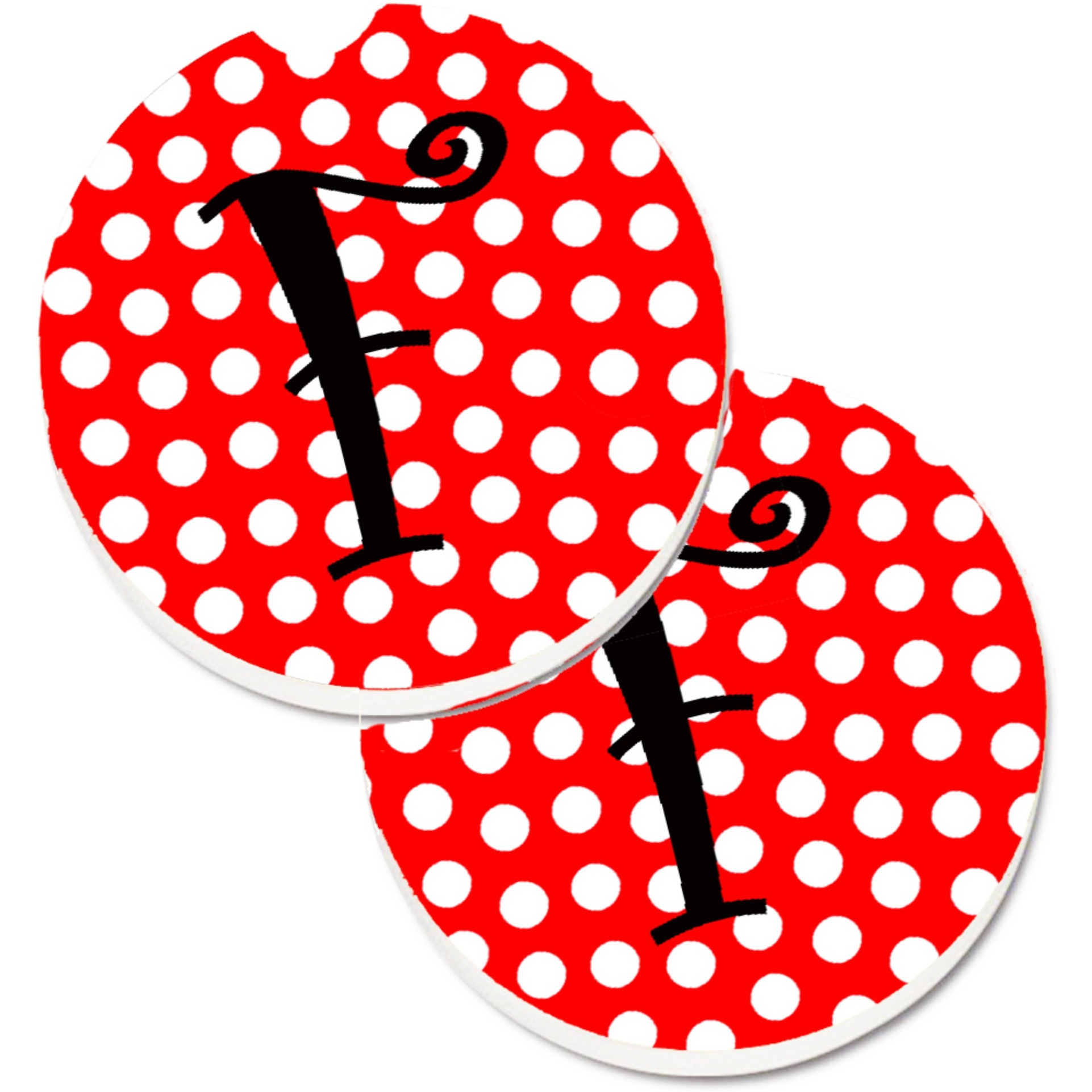 &quotCaroline's Treasures Letter F Initial Monogram Red black Polka Dots Set of 2 Cup Holder Car Coasters CJ1012-FCARC, 2.56, Multicolor"