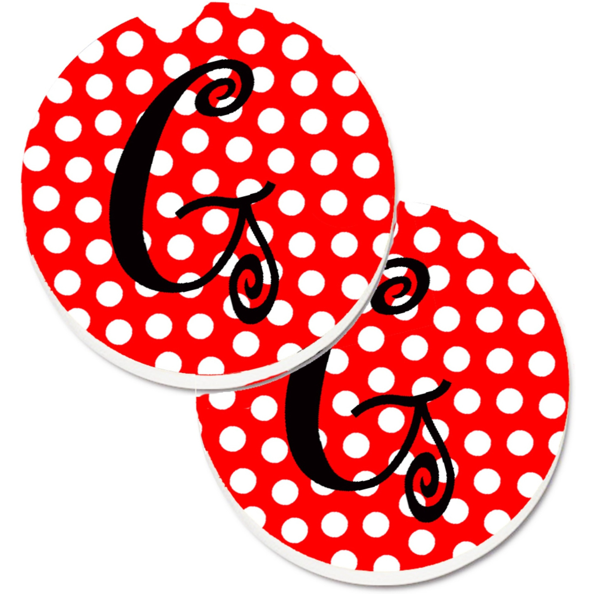 &quotCaroline's Treasures Letter G Initial Monogram Red black Polka Dots Set of 2 Cup Holder Car Coasters CJ1012-GCARC, 2.56, Multicolor"
