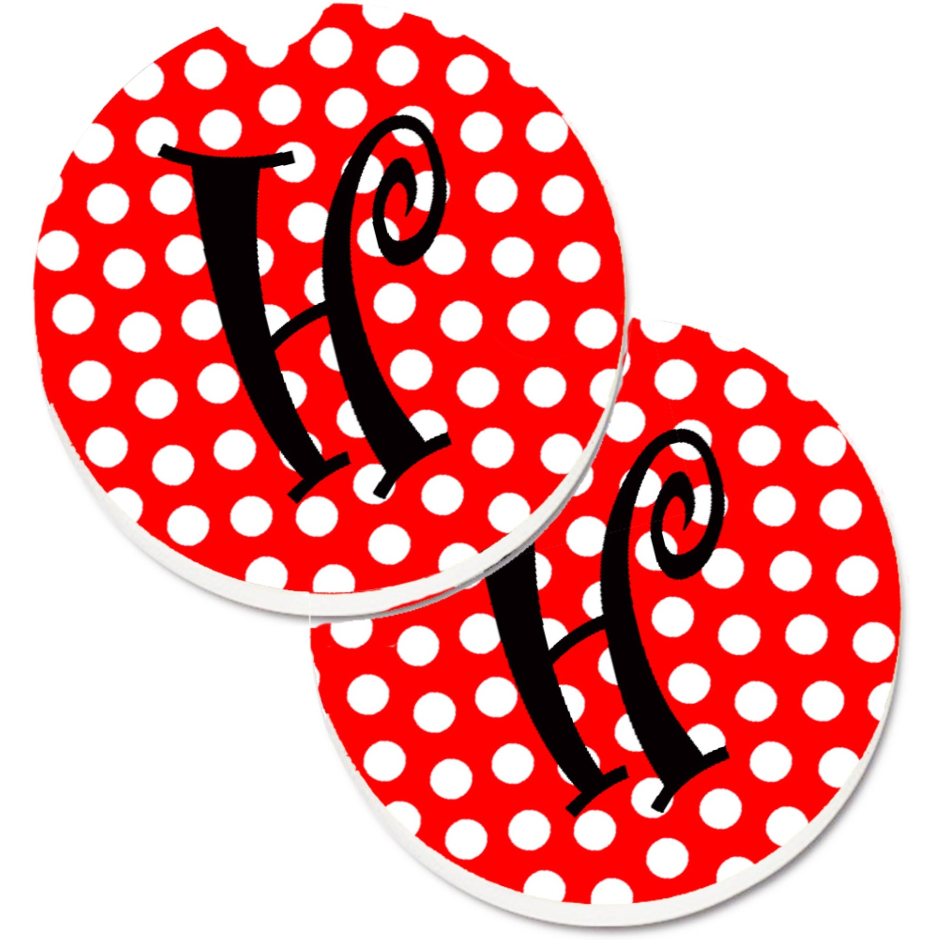 &quotCaroline's Treasures Letter H Initial Monogram Red black Polka Dots Set of 2 Cup Holder Car Coasters CJ1012-HCARC, 2.56, Multicolor"
