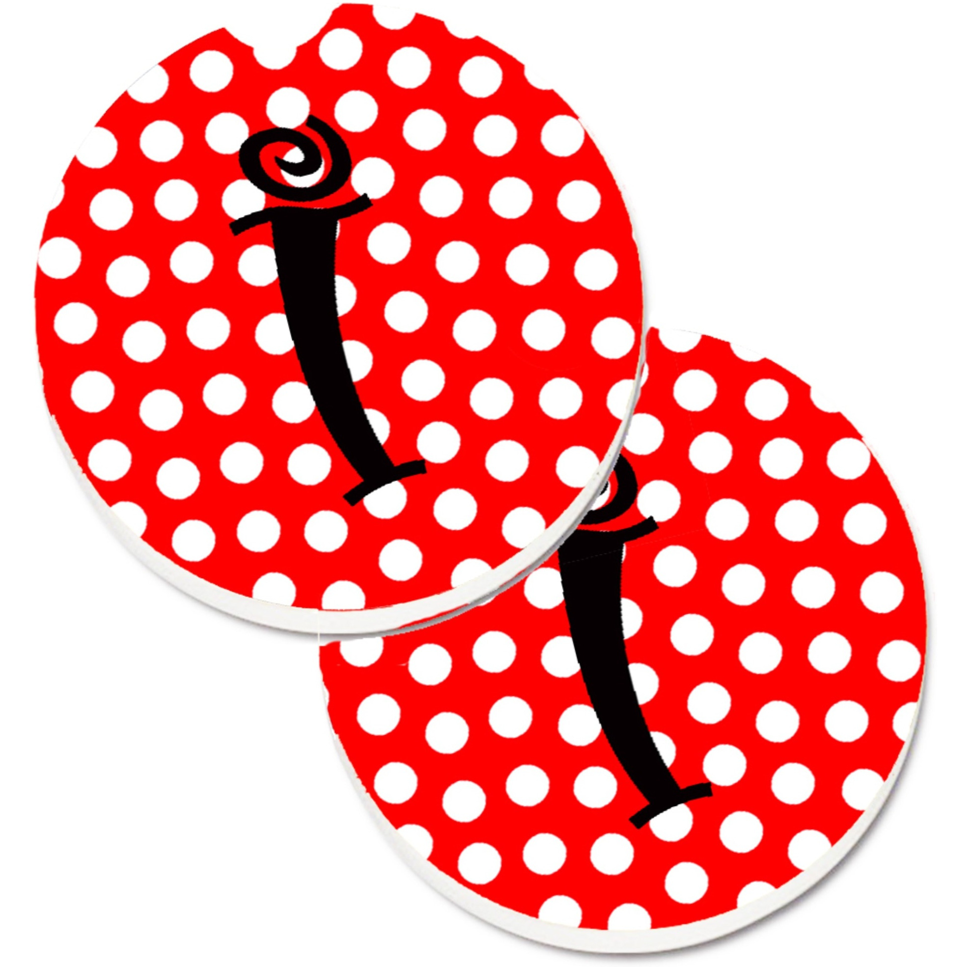 &quotCaroline's Treasures Letter I Initial Monogram Red black Polka Dots Set of 2 Cup Holder Car Coasters CJ1012-ICARC, 2.56, Multicolor"