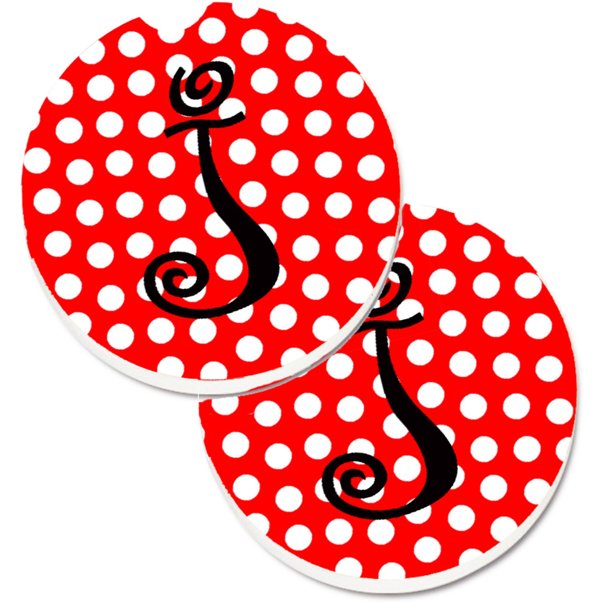 &quotCaroline's Treasures Letter J Initial Monogram Red black Polka Dots Set of 2 Cup Holder Car Coasters CJ1012-JCARC, 2.56, Multicolor"