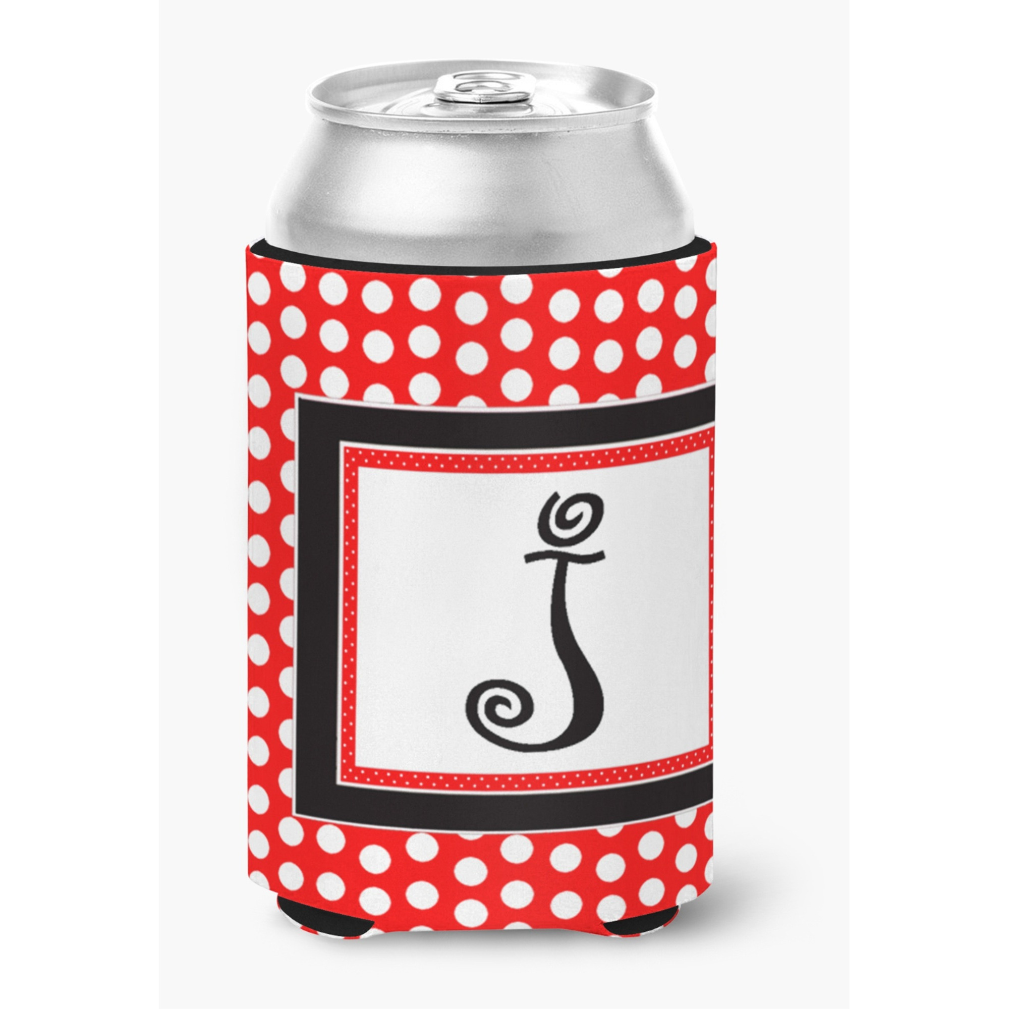 Letter J Initial Monogram - Red Black Polka Dots Can or Bottle Beverage Insulator Hugger