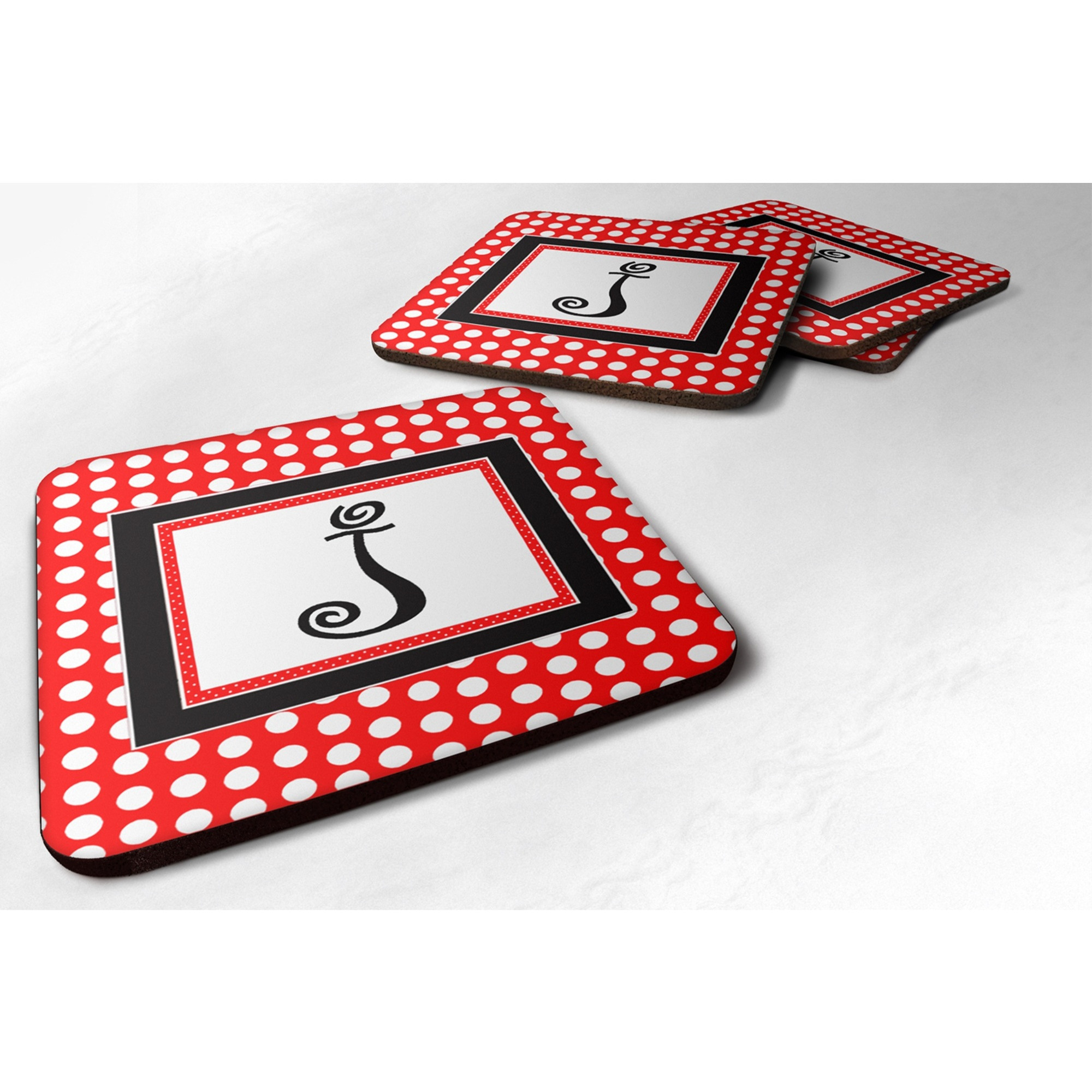 &quotCaroline's Treasures CJ1012-JFC Monogram-Red Black Polka Dots Foam Coasters (Set of 4), Initial Letter J, 3.5"" H x 3.5"" W, Multicolor"