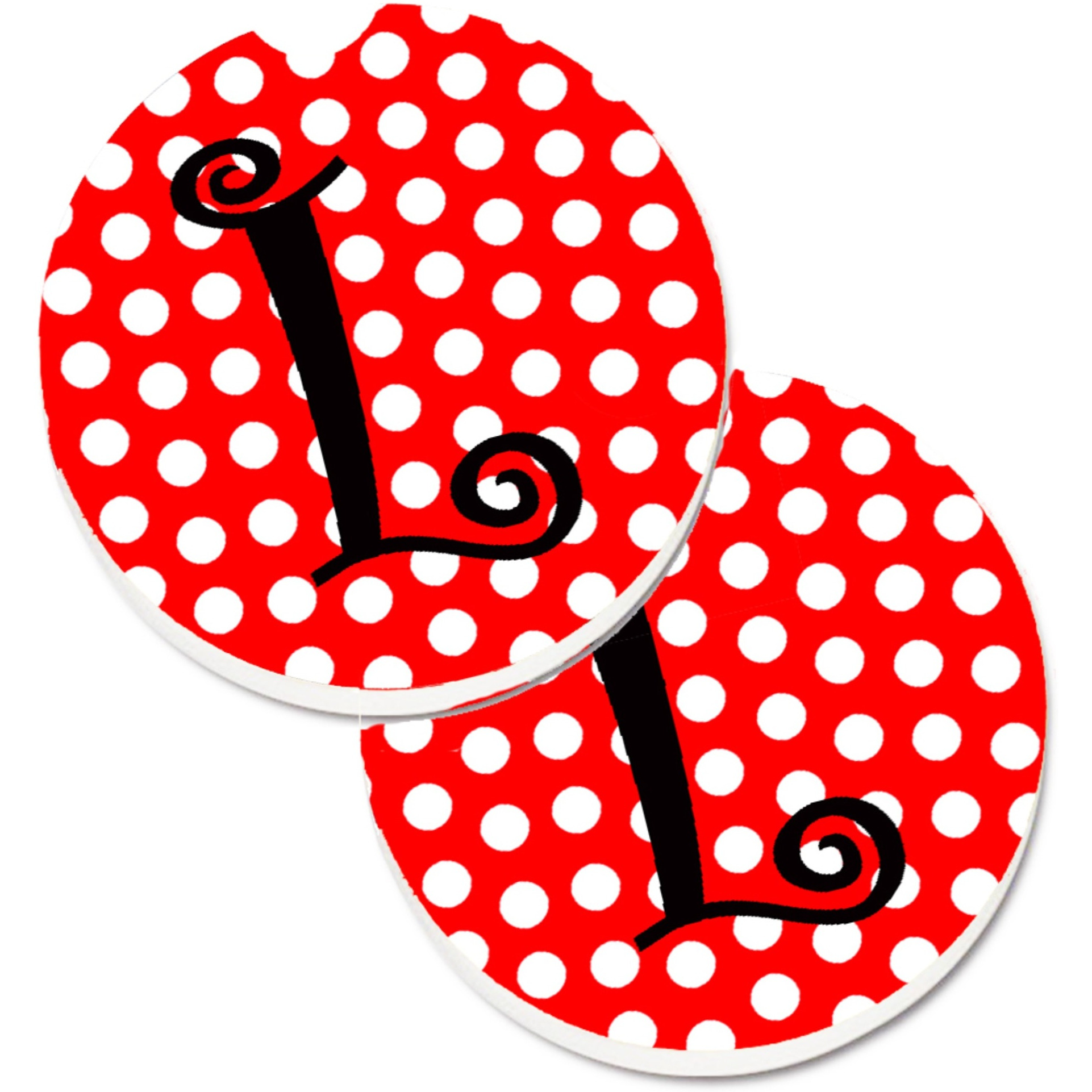 &quotCaroline's Treasures Letter L Initial Monogram Red black Polka Dots Set of 2 Cup Holder Car Coasters CJ1012-LCARC, 2.56, Multicolor"