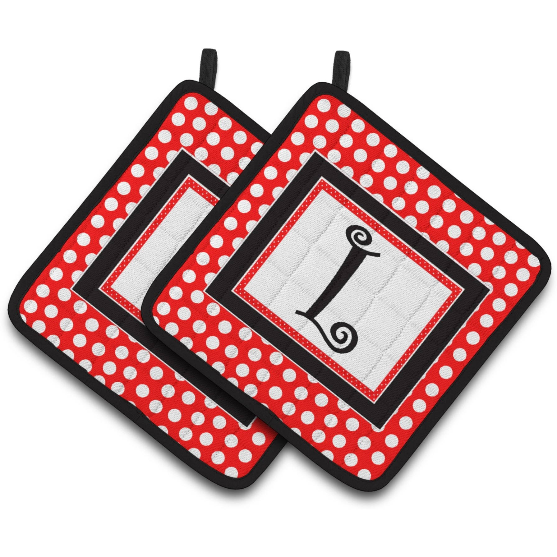 &quotCaroline's Treasures Letter L Initial Monogram Red black Polka Dots Pair of Pot Holders CJ1012-LPTHD, 7.5HX7.5W, Multicolor"