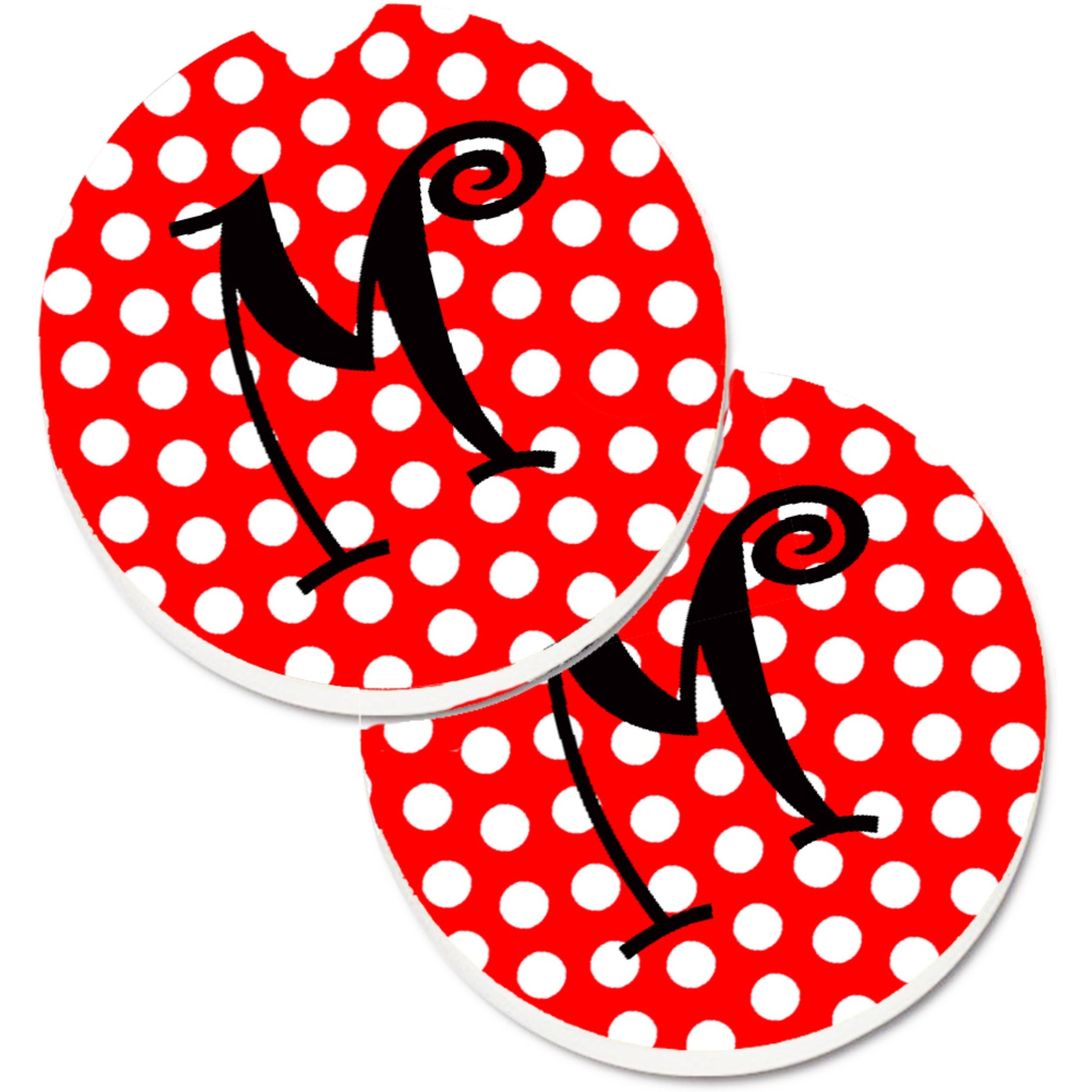 &quotCaroline's Treasures Letter M Initial Monogram Red black Polka Dots Set of 2 Cup Holder Car Coasters CJ1012-MCARC, 2.56, Multicolor"