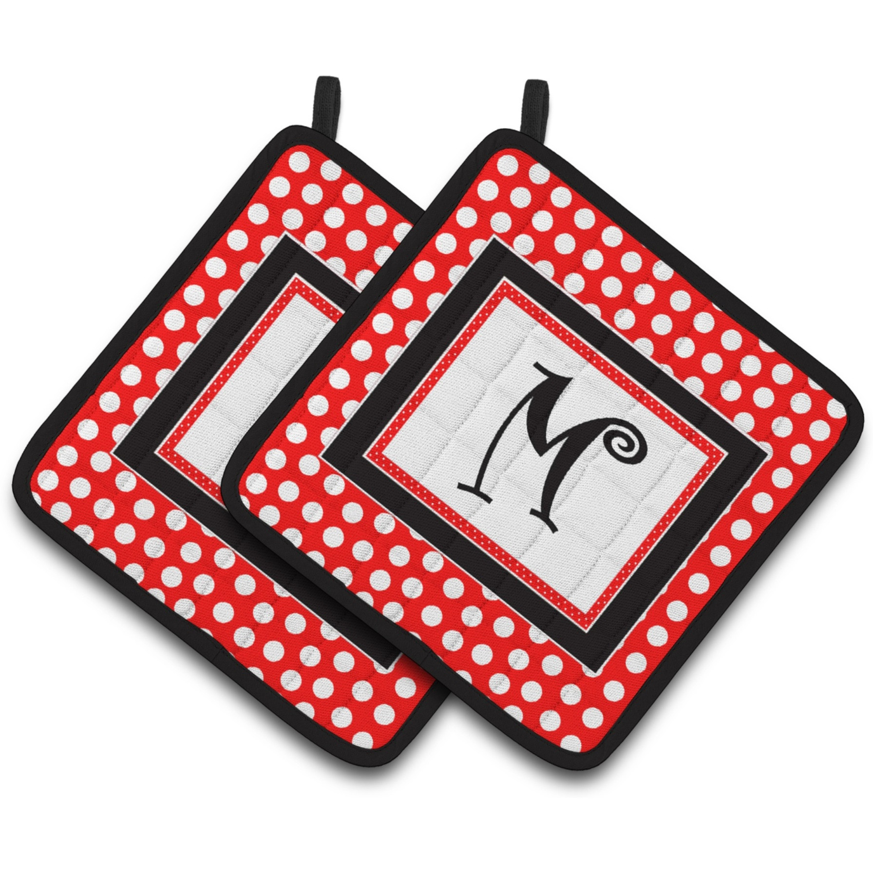 &quotCaroline's Treasures Letter M Initial Monogram Red black Polka Dots Pair of Pot Holders CJ1012-MPTHD, 7.5HX7.5W, Multicolor"