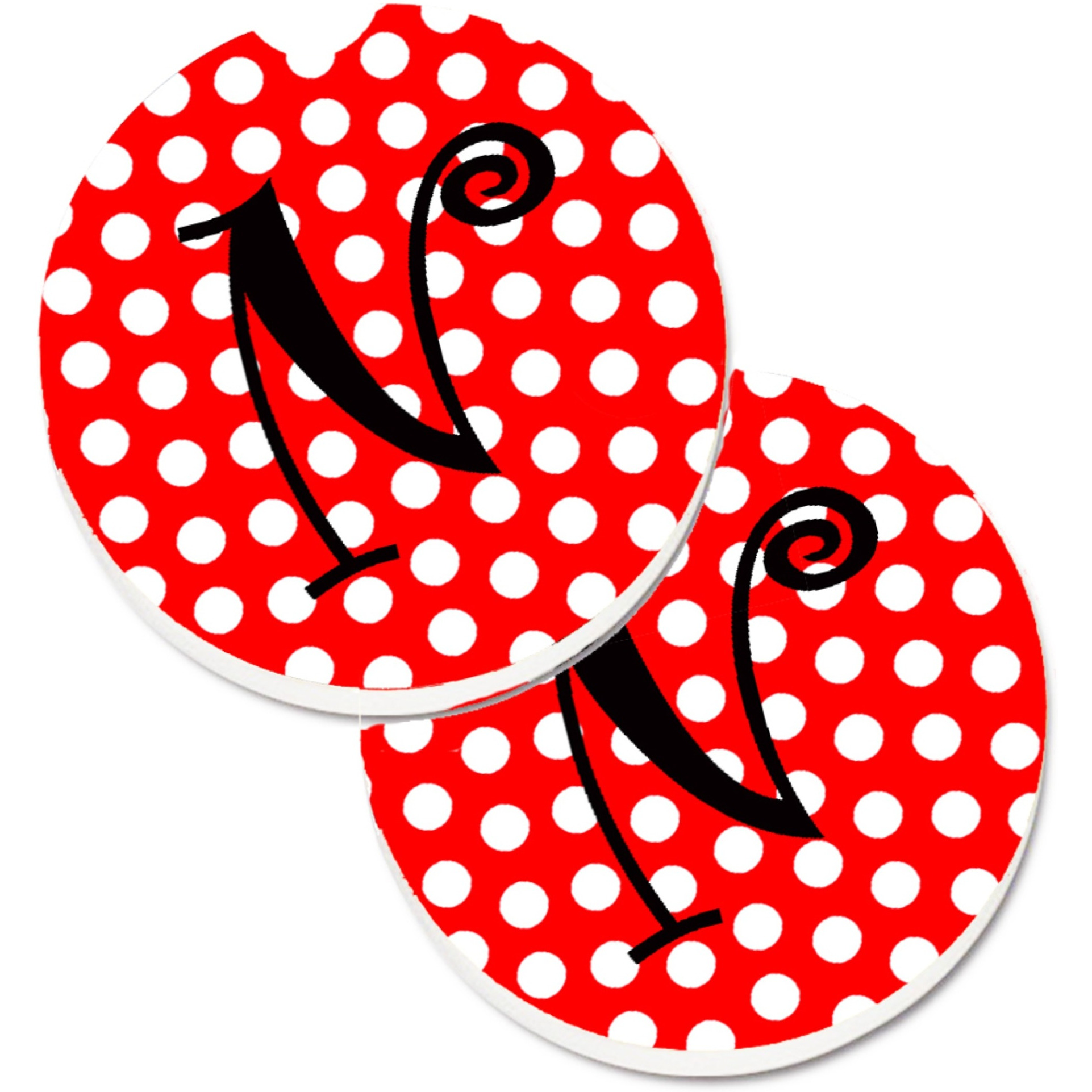 &quotCaroline's Treasures Letter N Initial Monogram Red black Polka Dots Set of 2 Cup Holder Car Coasters CJ1012-NCARC, 2.56, Multicolor"