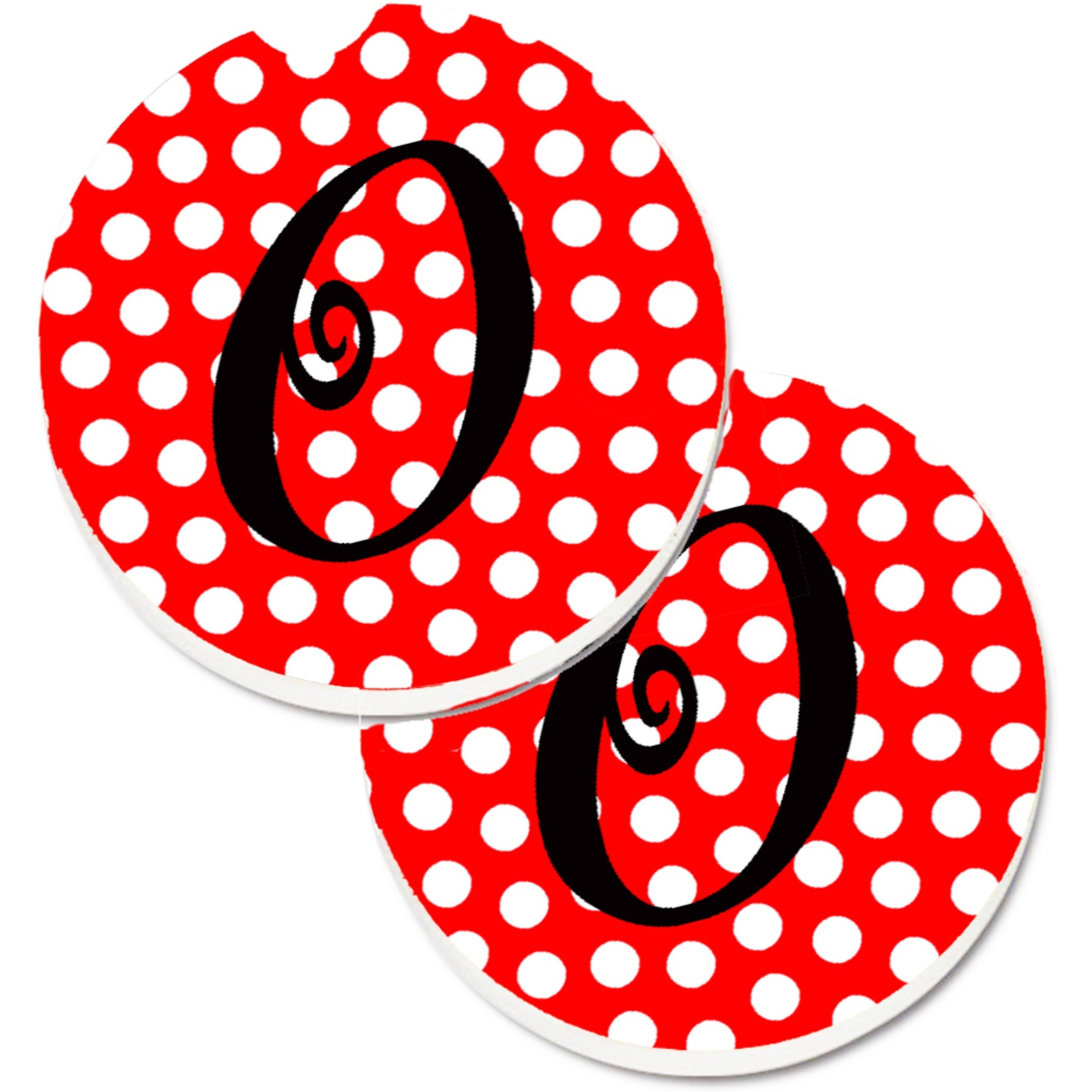 &quotCaroline's Treasures Letter O Initial Monogram Red black Polka Dots Set of 2 Cup Holder Car Coasters CJ1012-OCARC, 2.56, Multicolor"